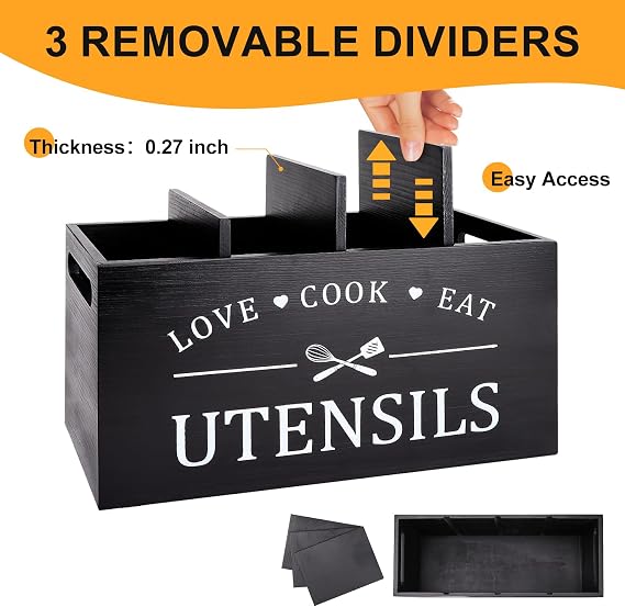 Renawe Black Wooden Extra Large Kitchen Counter Utensil Holder Caddy Organizer for Countertop Rustic Wood Kitchen Tool Decor Utensil Crock Spatula Holder