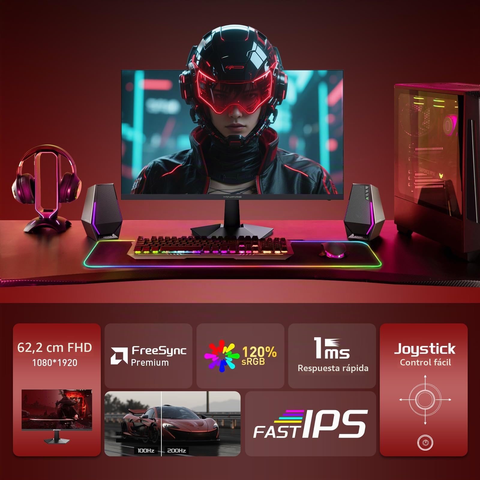 Minifire Monitor de juegos FHD de 24,5 pulgadas, 200 Hz, 1 ms con panel Fast IPS, monitor de PC 1080P para juegos con AMD Free Sync, 120% sRGB, certificación alemana Eye Care | HDMI 2.0 x 2 y DP 1.4 x