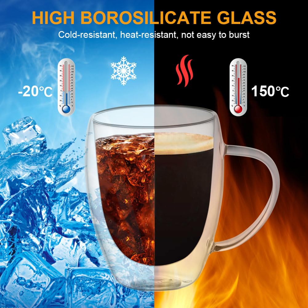 Vicloon Tazza Caffè Doppio Vetro Borosilicato, 2 Bicchieri Espresso Doppia Parete 350 ml, Tazzine di Vetro a Doppia Parete con Manico, Bicchiere Caffè Vetro per Tè, Latte, Cappuccino, Espresso, Succo