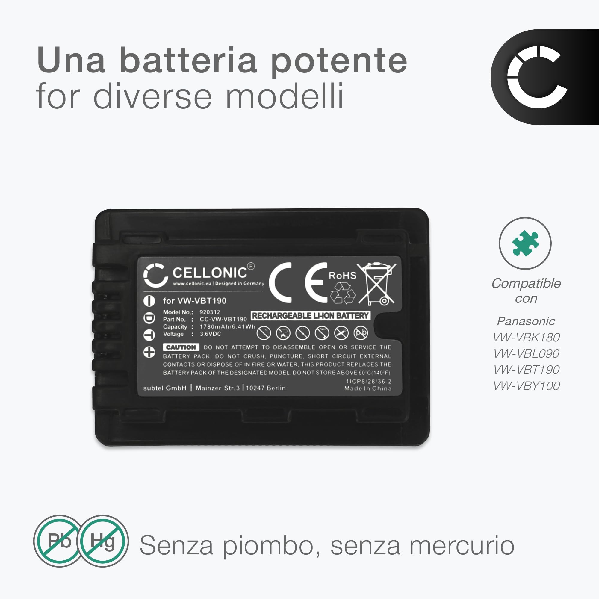 CELLONIC 1x Batteria per Fotocamera Compatibile con Panasonic HC-V180, HC-V777, HC-V380, VW-VBT190 – (1780mAh, 3.6V)