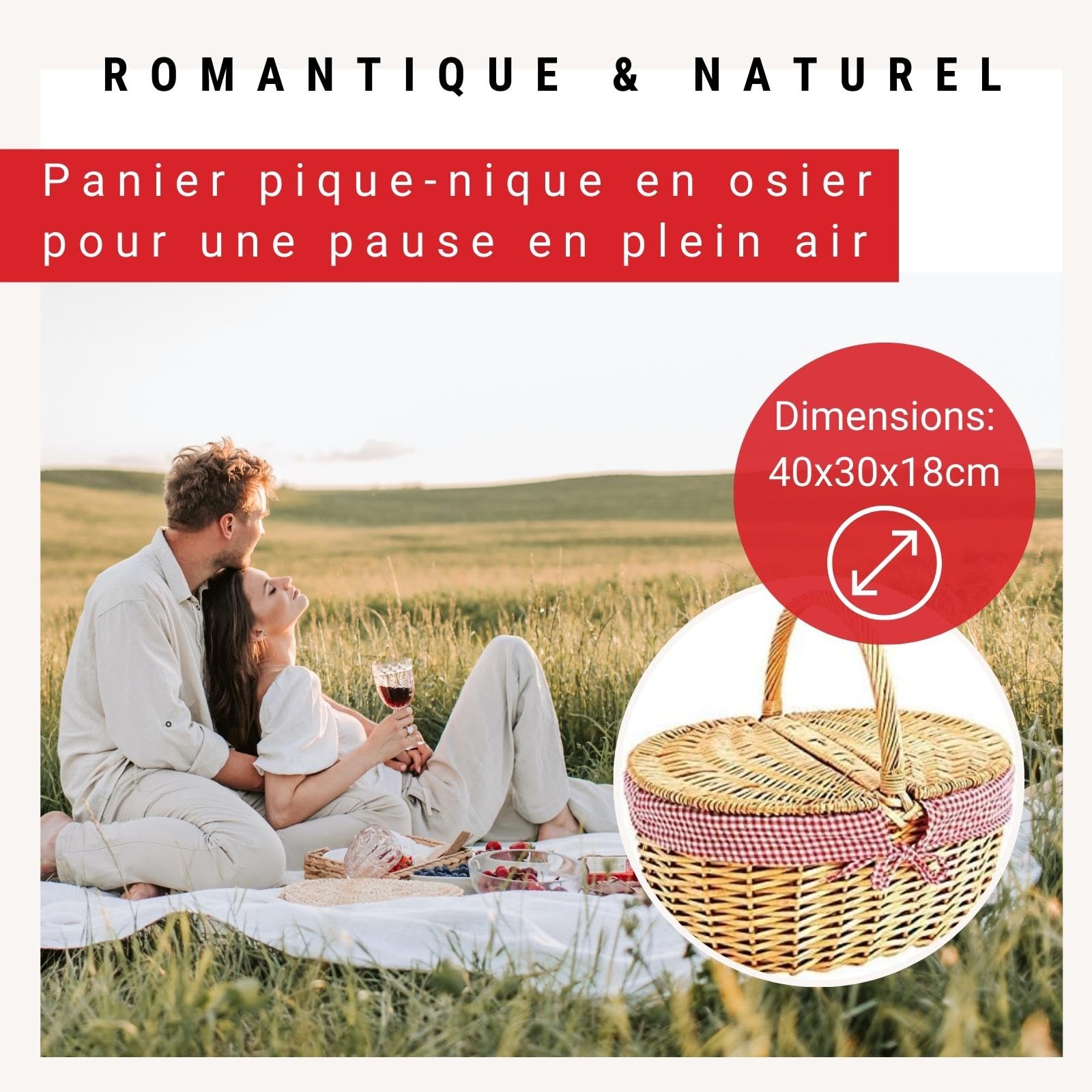 WOMA Panier en Osier Avec Doublure Rouge à Carreaux Blancs - Naturel Tressé Avec Couvercle & Anse - Pour Courses, Pique-Nique ou Cadeau