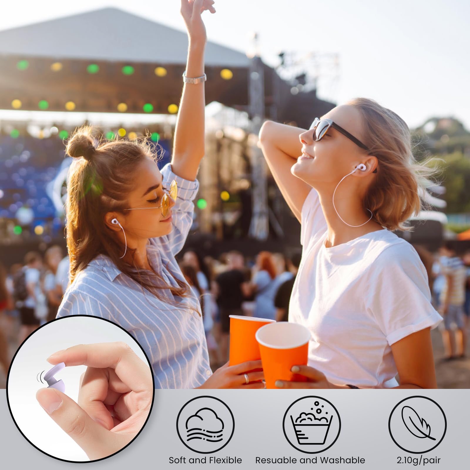 2 pares de tapones para los oídos para dormir, tapones reutilizables para los oídos con 8 pares de almohadillas para los oídos y un cable conector, tapones suaves para los oídos para reducción