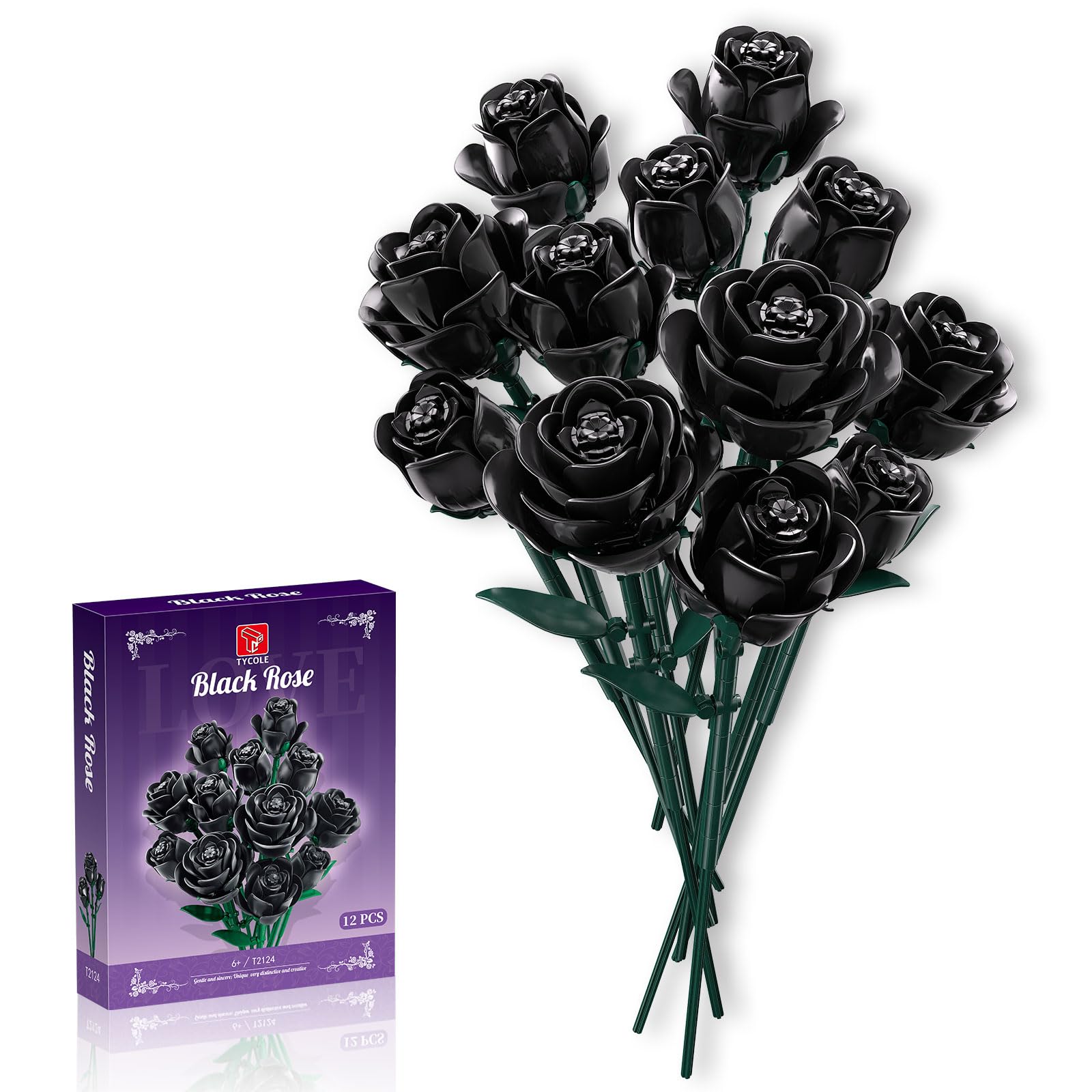TYCOLE Black Roses Flower Building Set, Christmas Artificial Bouquet Kit Compatible With Famous Bricks - Indoor Plant Decorations for Home & Office - Romantic Gift for Women and Girls 6+