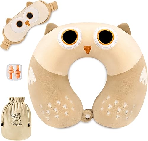 urnexttour Almohada de cuello de viaje para niños la mejor almohada de espuma viscoelástica con bonita máscara para dormir y tapones para los oídos