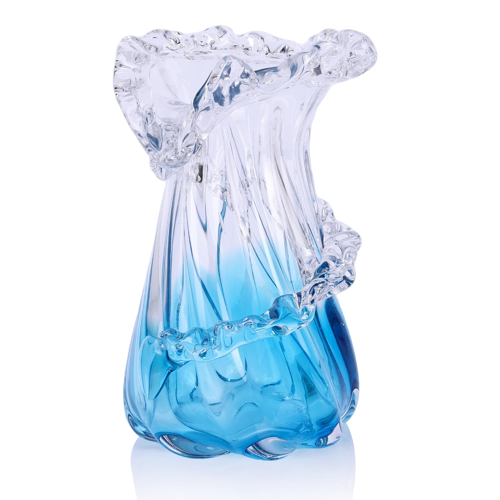 Vase en verre soufflé bleu, unique pièce artistique en verre ondulée océan pour décoration de maison côtière, table basse, table de console de salon, manteau de cheminée (Petit)