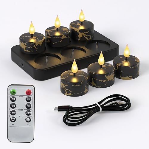 Flameless Tea Lights Candles with Charging Station,Black Marble Pattern,LED Tea