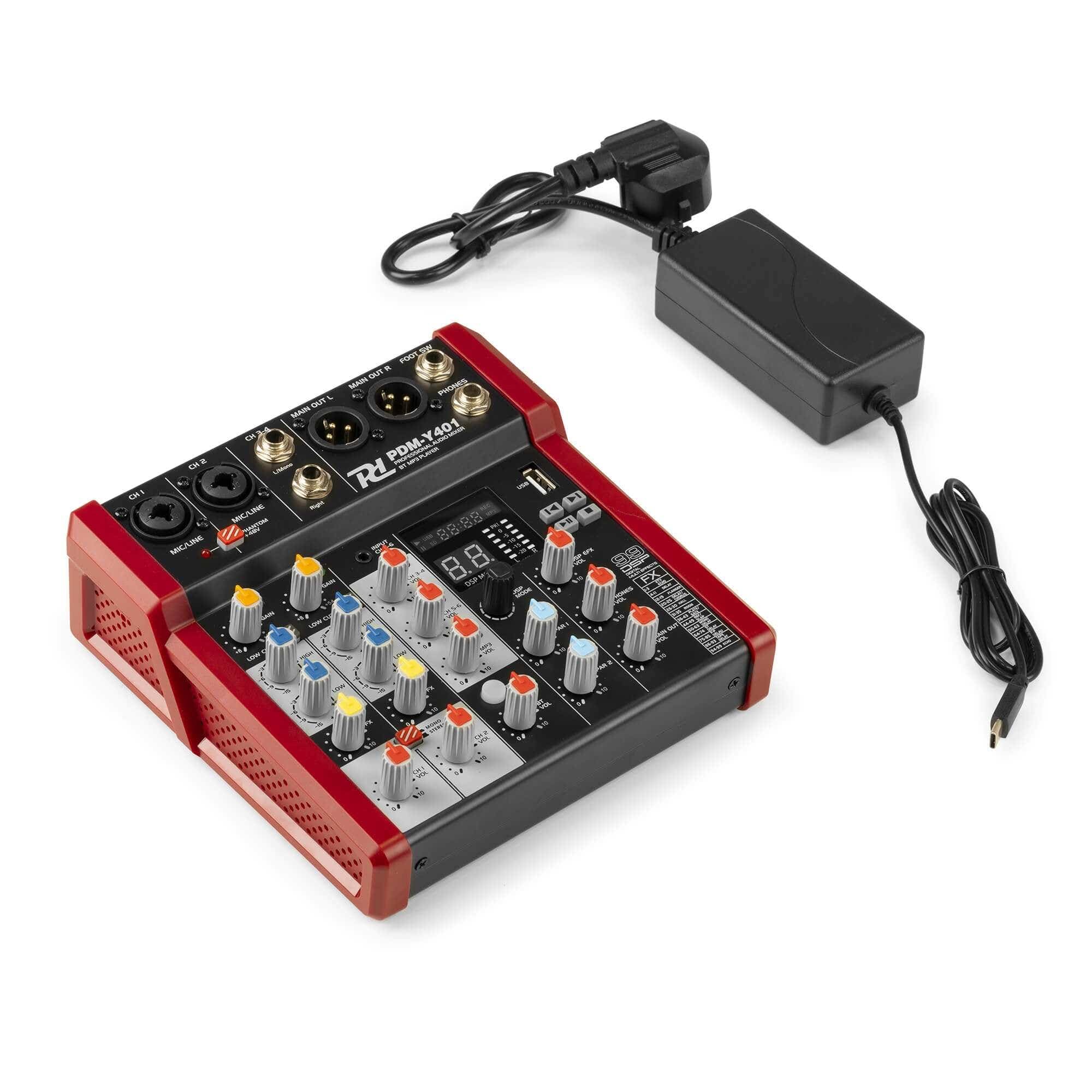 Power Dynamics PDM-Y401 Console de Mixage 4 Canaux avec Bluetooth - Entrées Micro, Alimentation fantôme 48V, Lecteur MP3 USB, Vu-Mètre, Idéal pour les DJs, Studios d'Enregistrement, Podcasts
