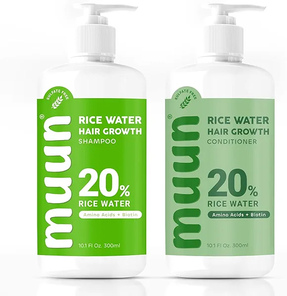 Muun Rice Water Shampoo and Conditioner Set for Hair Growth, Regrowth, Thinning Hair and Anti Hair Loss, Fall with Natural Ingredients including Biotin, Keratin and Caffeine, Men and Women.