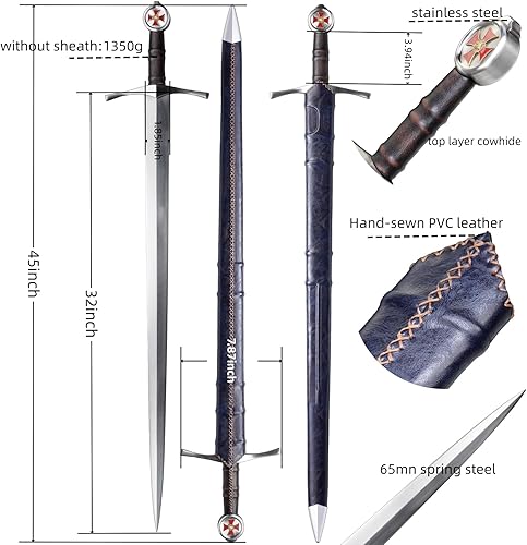 Miniatura 2 de Espada larga medieval de 45 pulgadas, caballero templario, armado, para adultos, espadas bastardas de acero metálico con funda