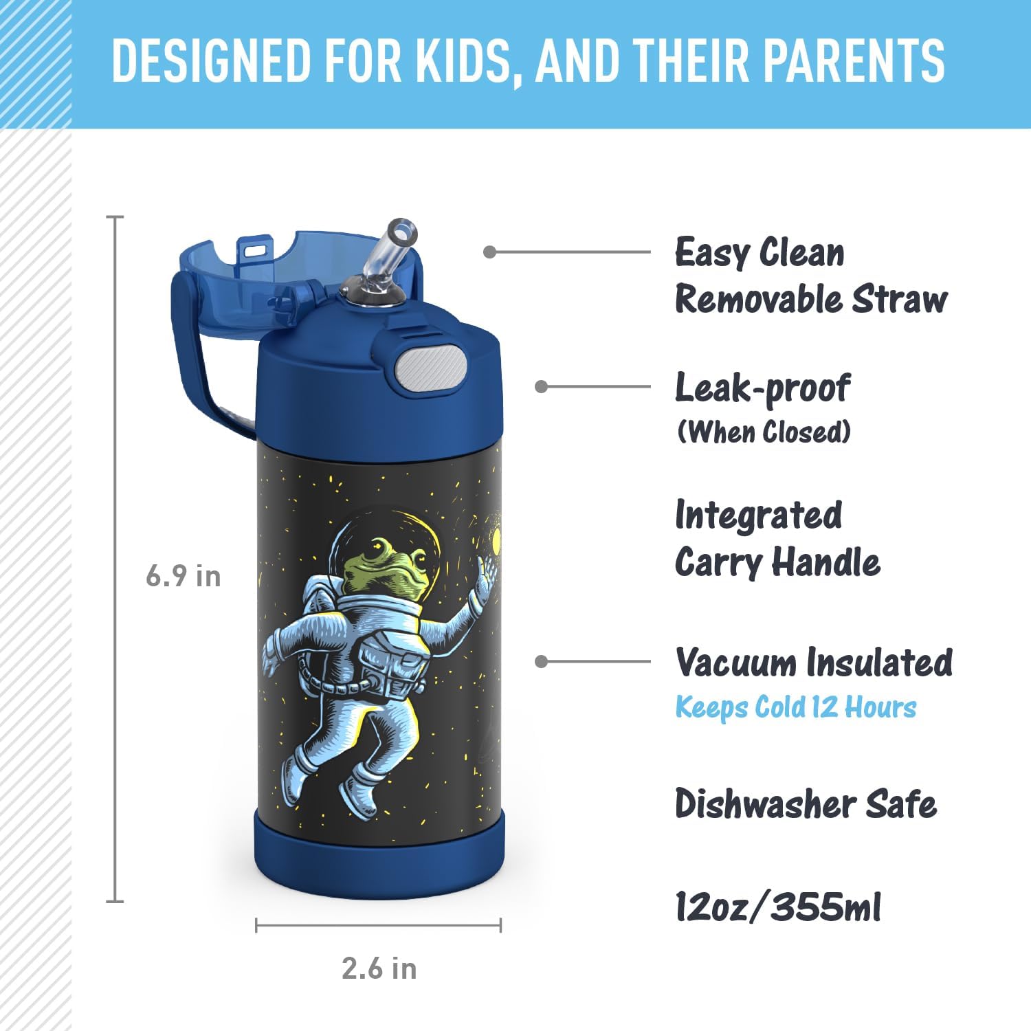 THERMOS FUNTAINER Water Bottle with Straw - 12 Ounce - Kids Stainless Steel Vacuum Insulated Water Bottle with Lid, Space Frog - Image 2