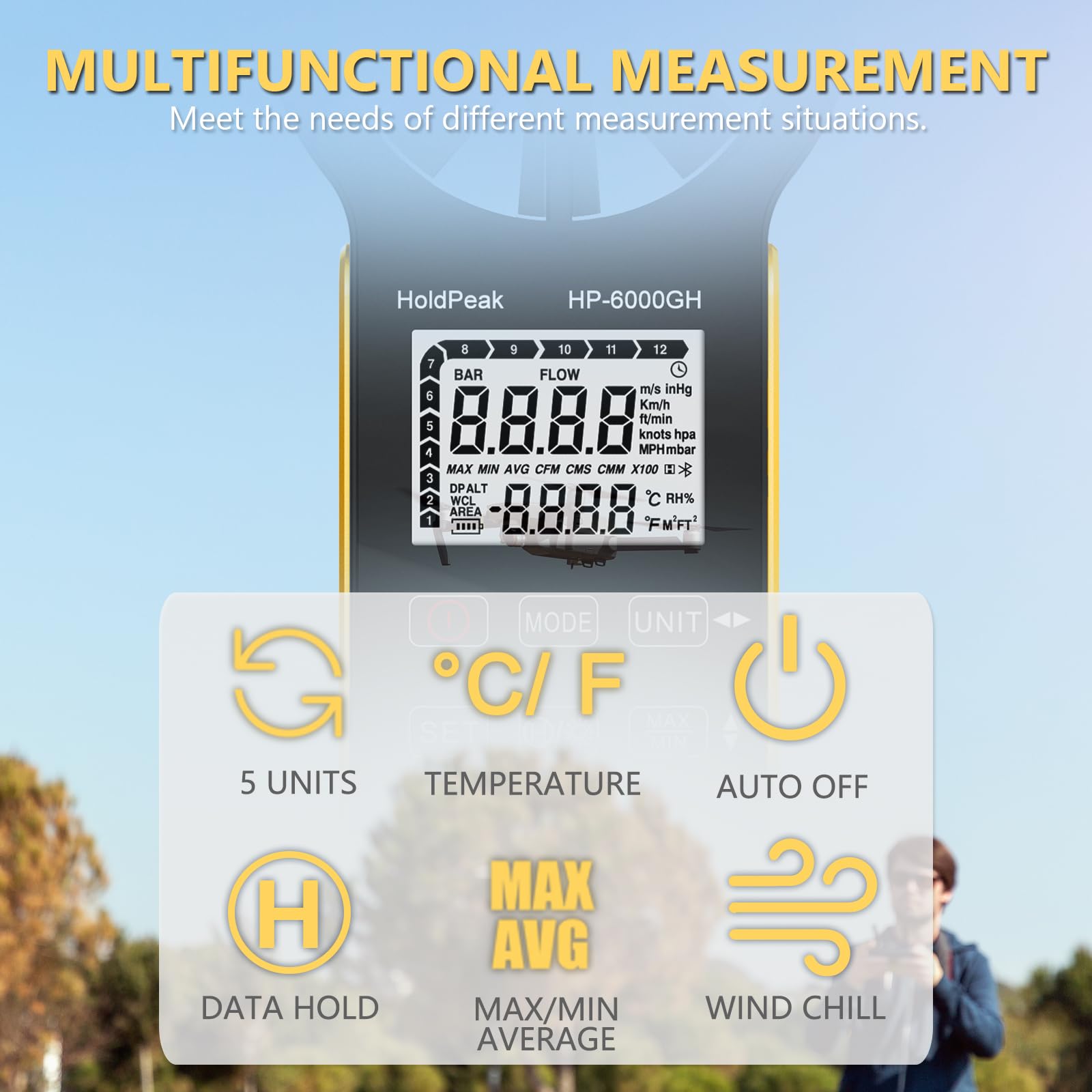 HOLDPEAK Anemómetro Digital VMC Medición de la Velocidad del Viento Temperatura USB C Pantalla LCD Retroiluminada Anemómetro Portátil Exterior Kitesurf