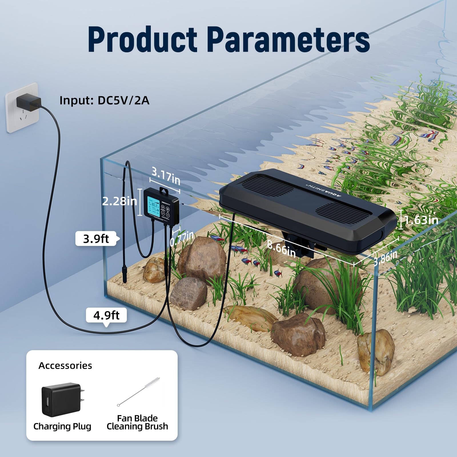 AQUASMITH Ventilador Enfriador de Acuario, Enfriador de pecera con Control de Temperatura, Ajuste mínimo de 15.0 °C, Arranque y Parada automática, Efecto de refrigeración de -14.8 a 12.8 °C, 3 Modos