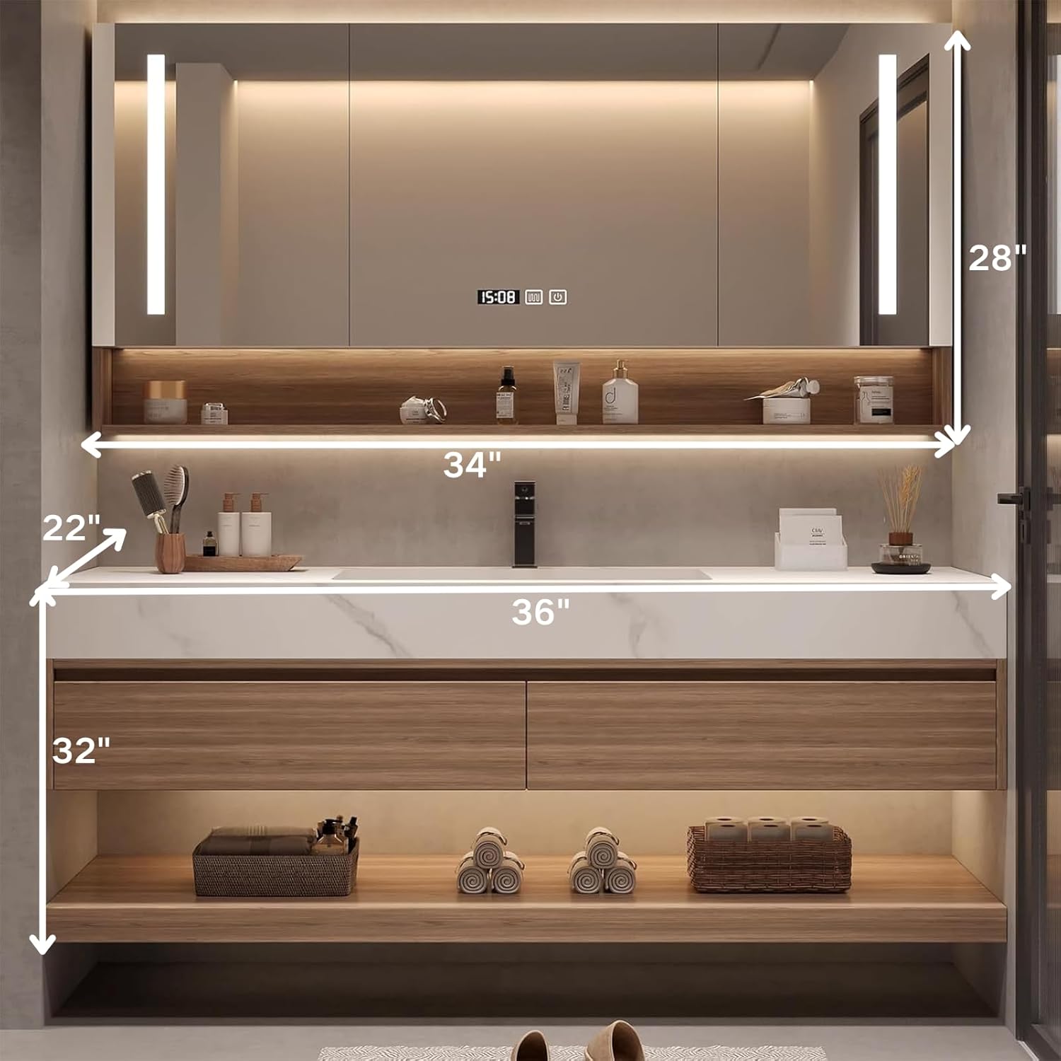 Single Sink Vanity 36inch, Floating Bathroom Vanities Includes LED Smart Defogging Mirror Cabinet and Open Storage, Modern Wooden Bath Cabinet with Slate Countertop and Storage Drawers (Wood)