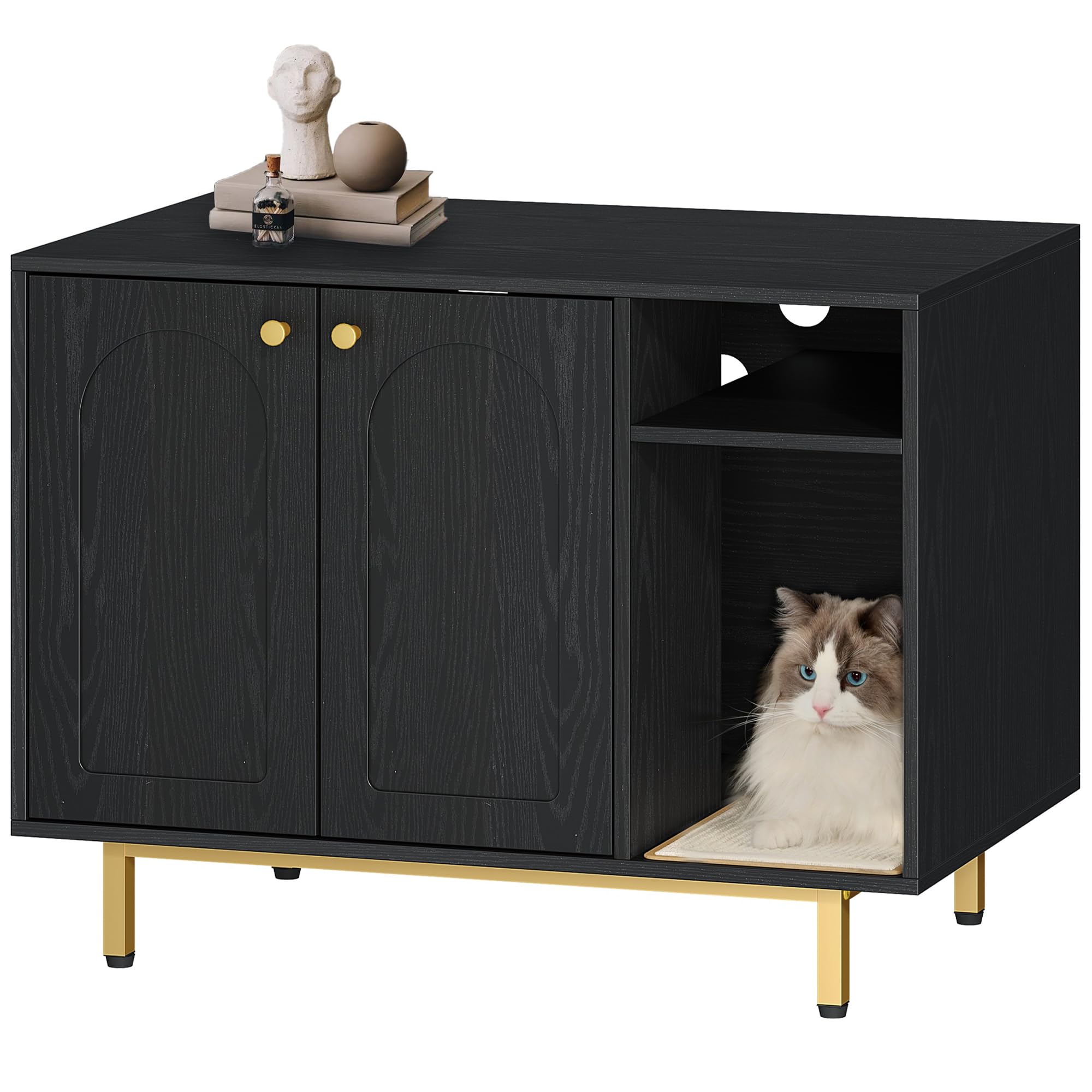 Hzuaneri Mobile Lettiera per Gatti, Mobiletto Lettiera Gatto, Casa per Gatto Multifunzione, Con Porta e Divisorio Separato, Armadietto per Gatti, Facile da Montare, Nero e Oro CB01504G