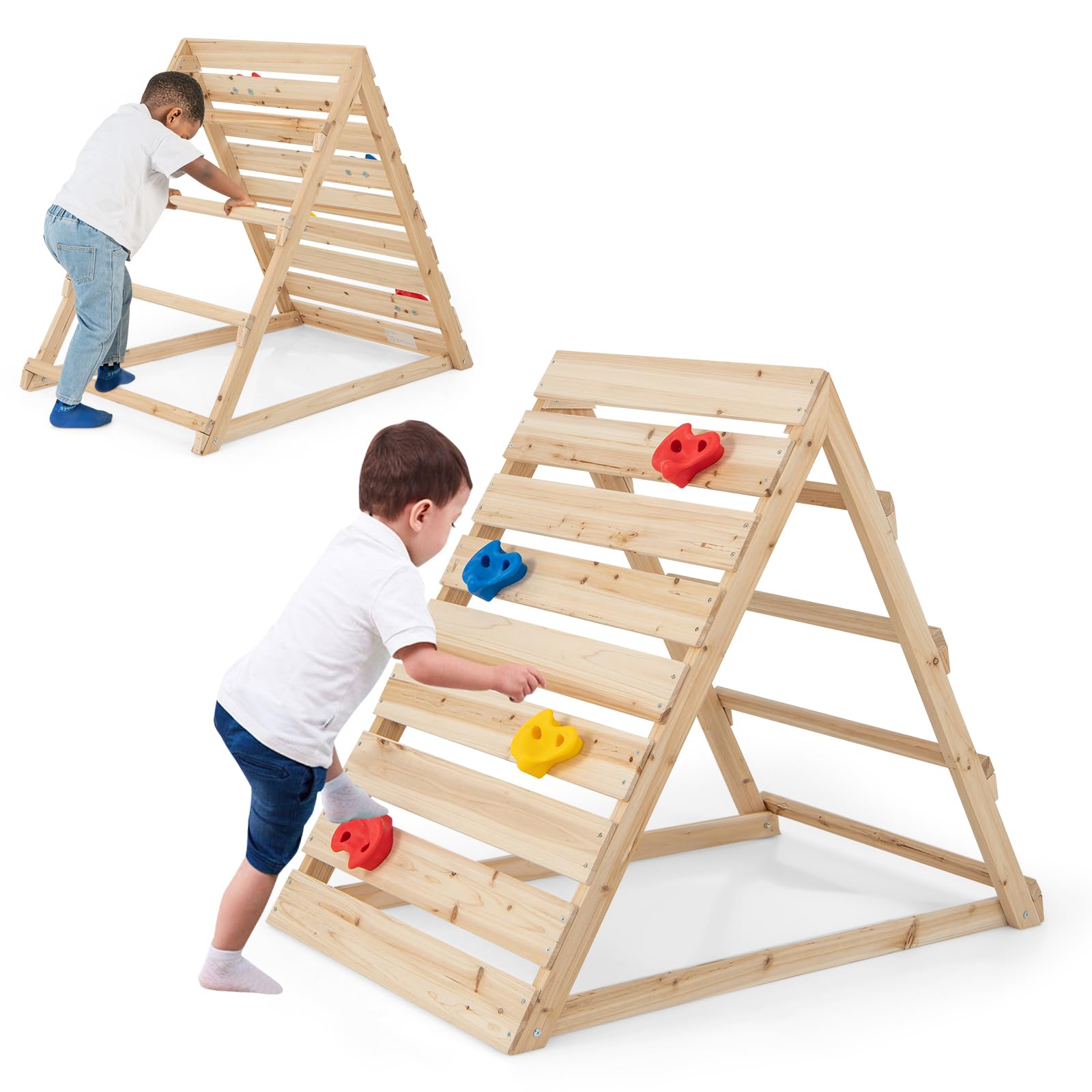 COSTWAY Triángulo Escalada para Niños, Escalador Triangular de Doble Cara con Coloridas Rocas y Escaleras para Escalar, Triángulo de Aprendizaje Montessori para Niños de 3-8 Años, Natural