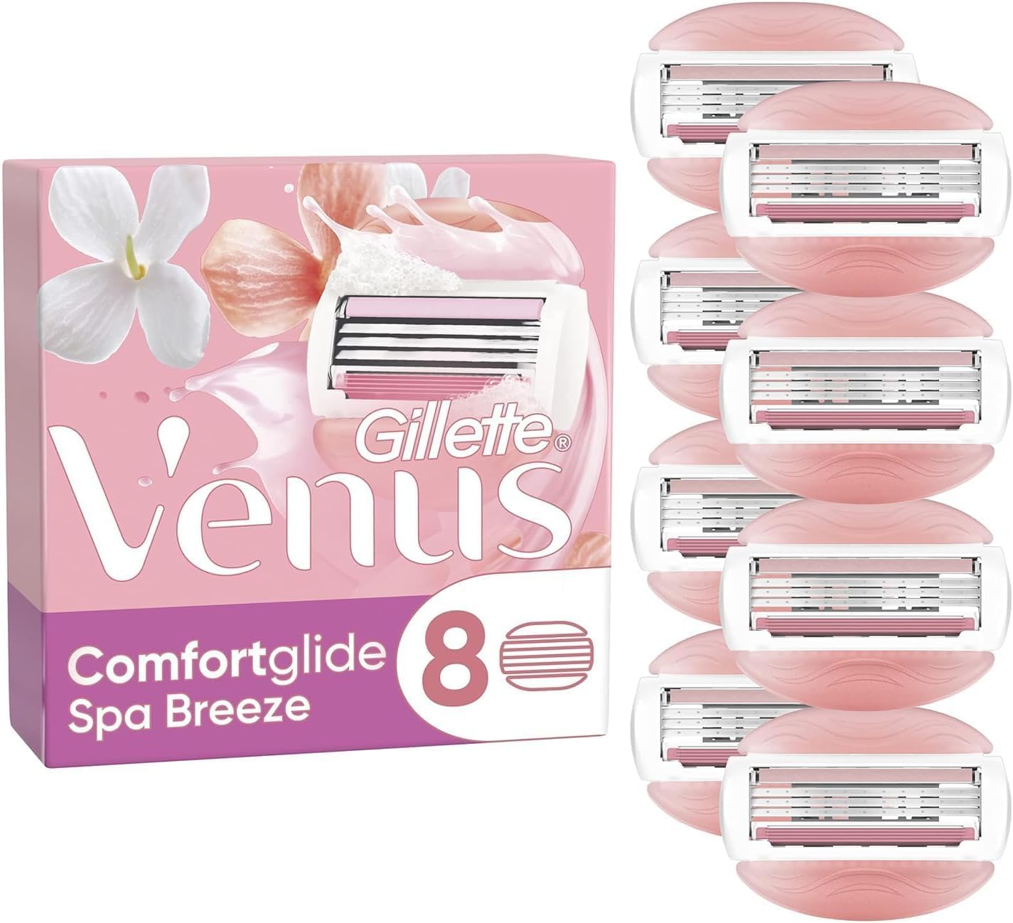 Gillette Venus Comfortglide Spa Breeze Wkłady Do Golarki Dla Kobiet, Opakowanie 8, 3 Wbudowane Ostrza, Do Gładkiego I Głębokiego Golenia Twardego