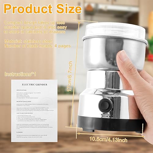 Miniatura 6 de Molinillo de café, molinillo automático eléctrico con 4 cuchillas de acero inoxidable, molinillo de café de 10.1 fl oz, molinillo de café con un