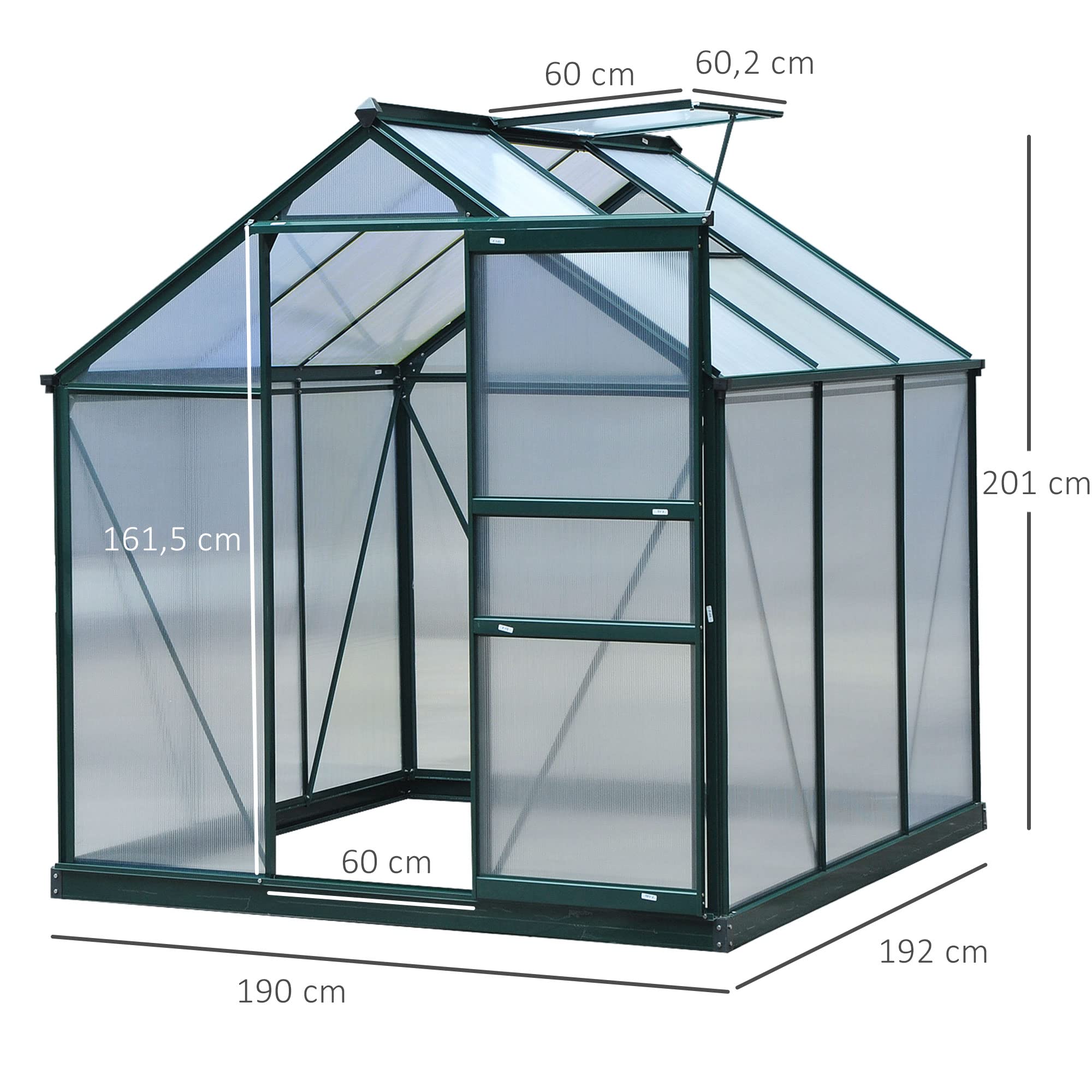 Outsunny Invernadero de Jardín 2x2 m Policarbonato y Aluminio Vivero Casero con Tragaluz Protección UV30 y Base 3,65 m² para Macetas Cultivo Plantas Flores Transparente