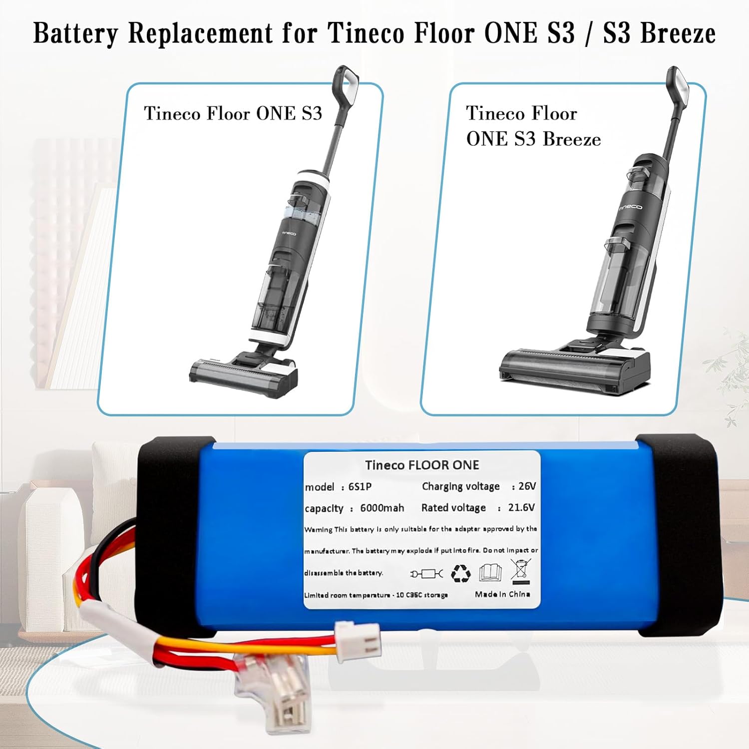 6000mAh Lithium Battery Replacement for Floor ONE S3,Floor one S3 Breeze Cordless Vacuum Cleaner
