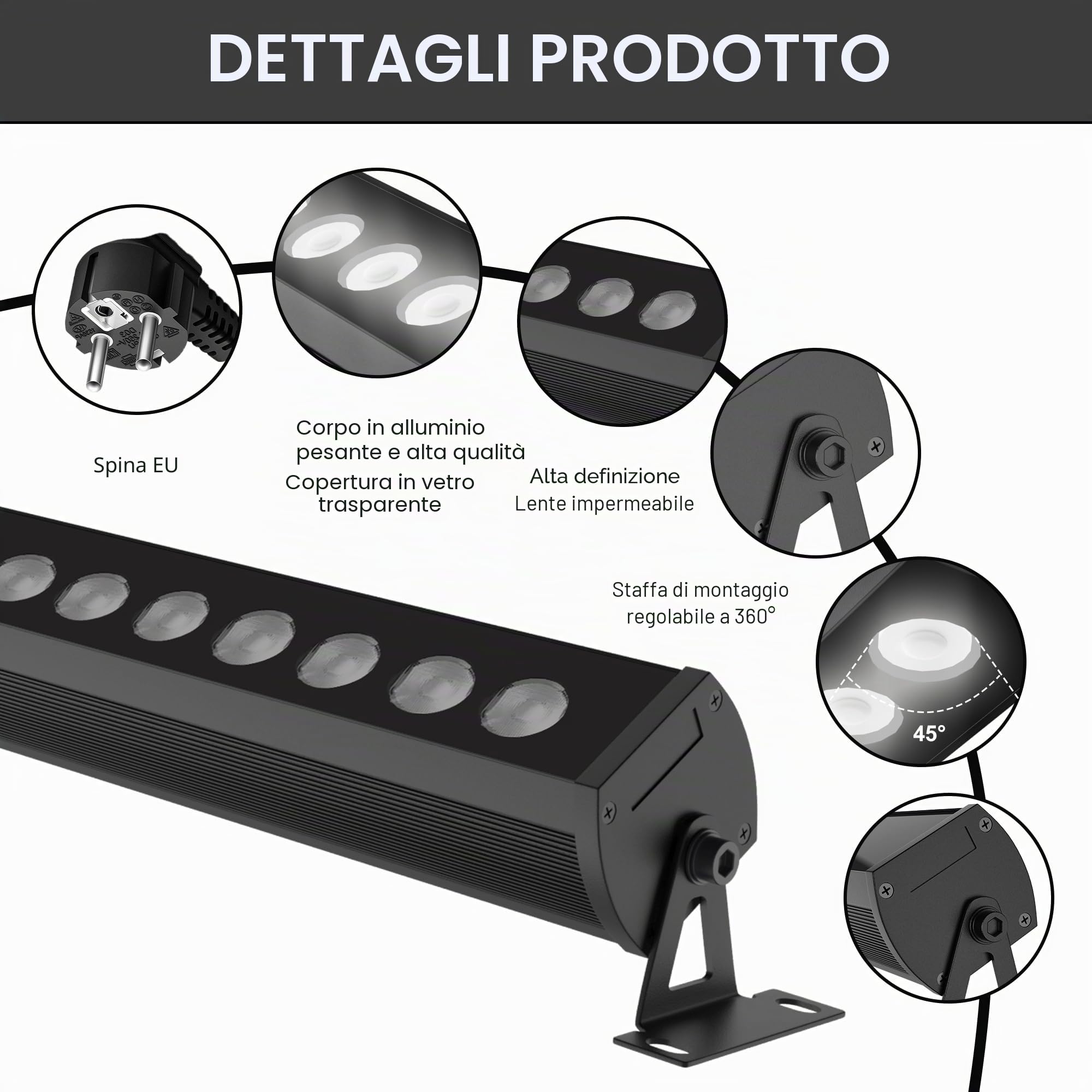 Faretto LED per esterni, 4000 K, bianco neutro, IP65, impermeabile da 1 m, con supporto e spina a 360°, barra luminosa a LED super luminosa, per giardino, terrazzo, illuminazione tettoia