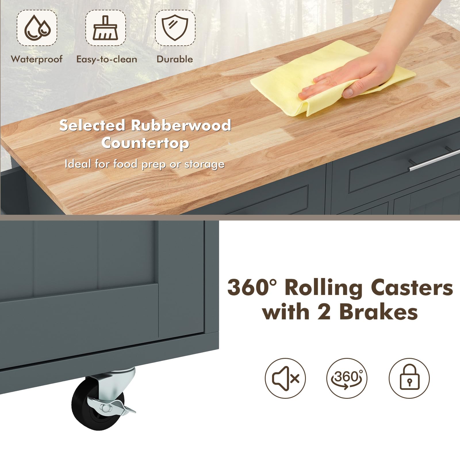 KOMFOTTEU Carrello Portaoggetti con Ruote con 2 Freni, Isola Cucina in Rovere Massiccio, Mobiletto da Pranzo con Portaspezie e Portasciugamani, per Soggiorno, 111,5 x 46 x 93 cm, In 2 Pacchi (Grigio)