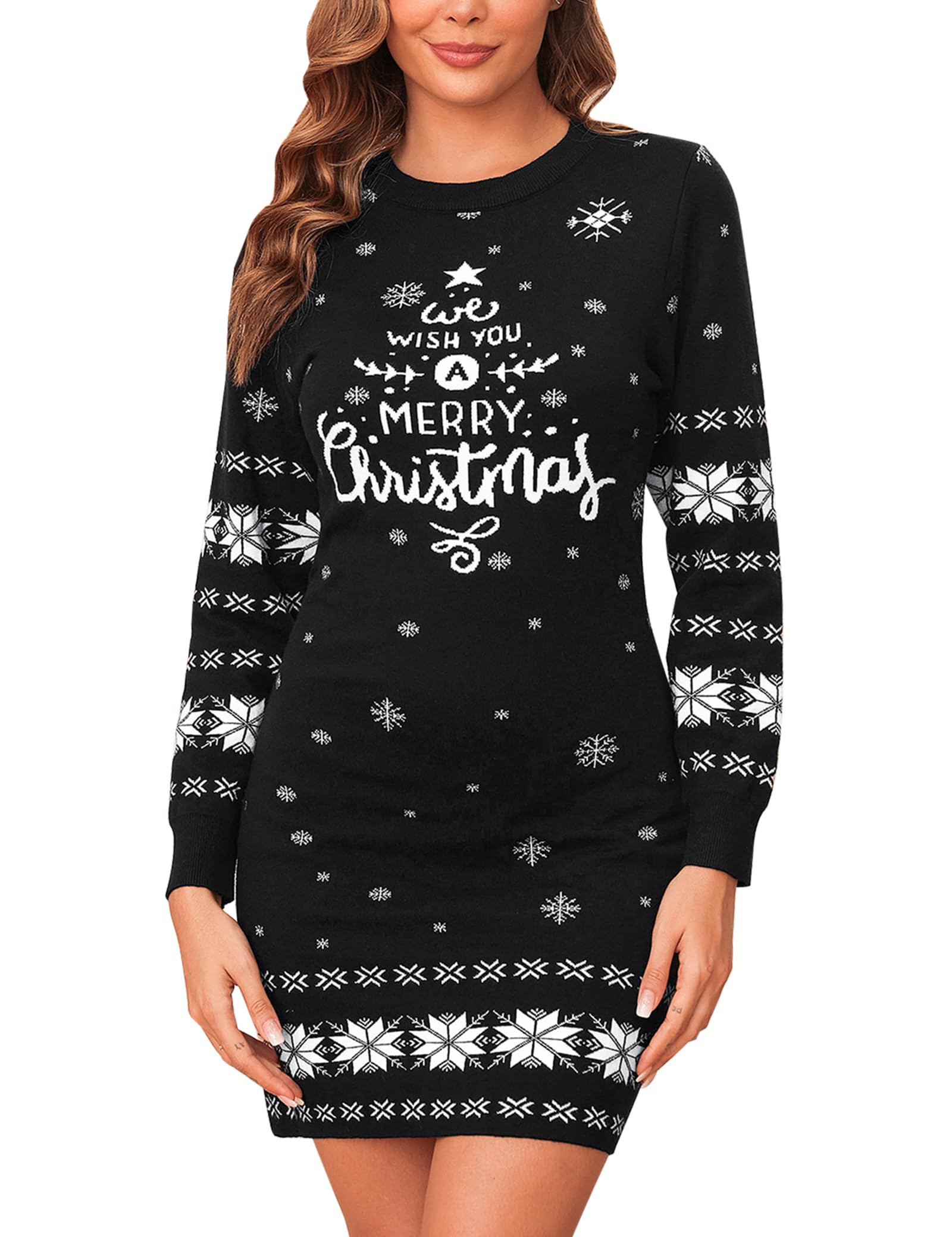 Gyabnw Vestito Natale Donna Lavorato a Maglia da Donna Girocollo in Maglione Abito Invernale Manica Lunga Aderente Mini Abito Elegante Maglione Lavorato a Maglia Abito Casual XS-XXL