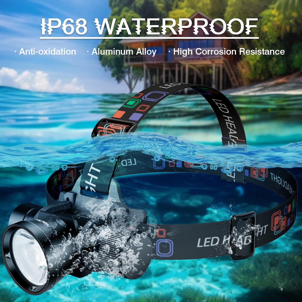 Lampe frontale de plongée super lumineuse 3000 lumens IP68 étanche rechargeable avec 3 modes, parfaite pour la plongée sous-marine, la plongée nocturne et l'exploration sous-marine