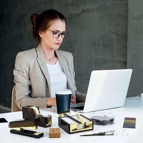 Miniatura 7 de Buqoo Grapadora y dispensador de cinta adhesiva de acrílico negro con removedor de grapas, tijera, bolígrafo, notas adhesivas, juego de clips de