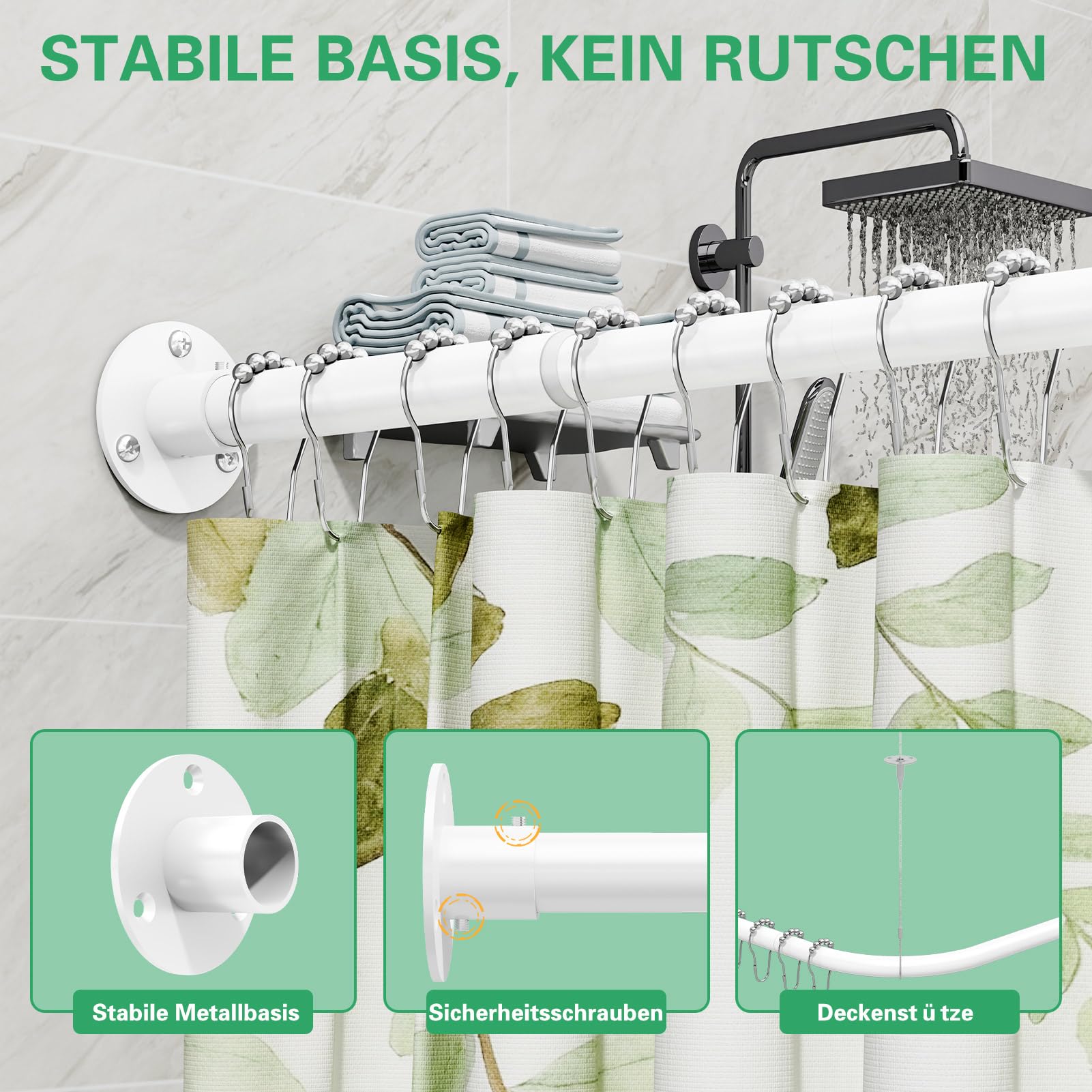 Duschvorhangstange L Form, (60-93cm) × (60-93cm) Verstellbare Weiß Duschstange L Form, Duschstange Ecke mit 12 Ringen & Deckenstütze für Badezimmer, Bohren Erforderlich