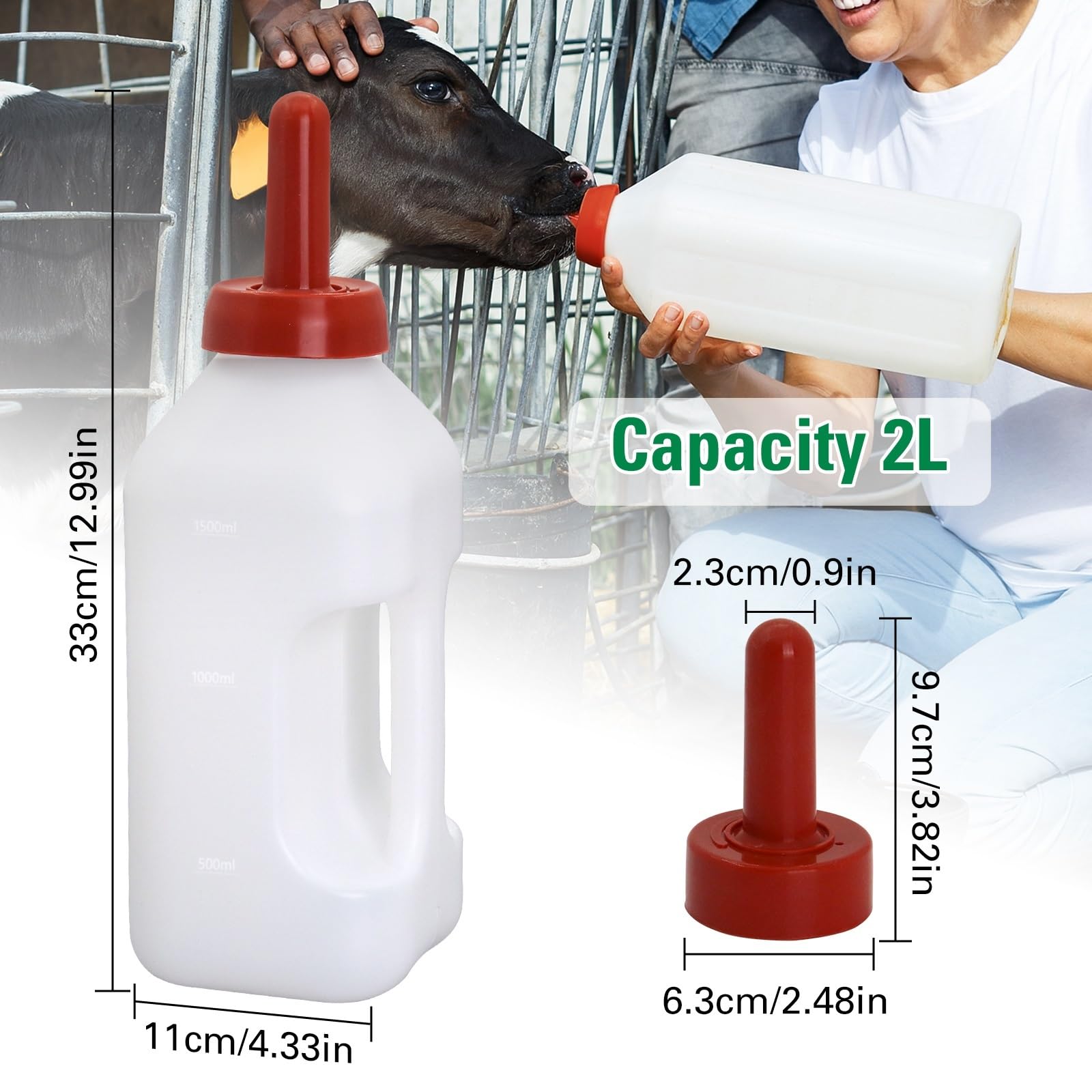 Butelki do karmienia jagniąt, Biała plastikowa butelka do karmienia jagnięciny o pojemności 2 l z gumowymi smoczkami 1/2 dla zwierząt gospodarskich(1 bottle 2 pacifier)