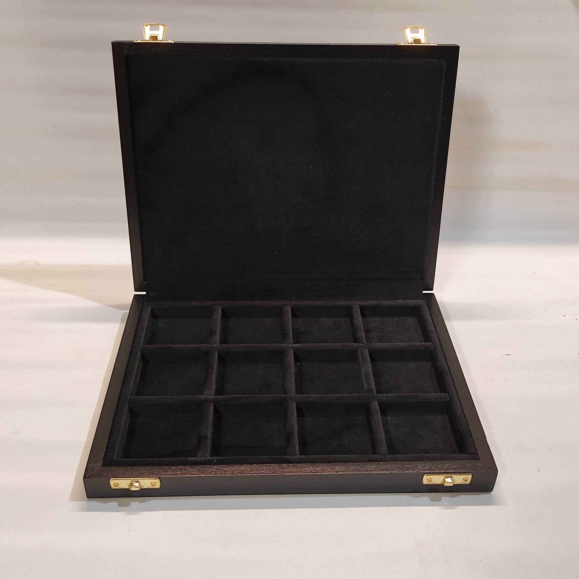 Caja para monedas de colección en madera con escudo real del Reino Unido, 12 compartimentos para cápsulas Quadrum, terciopelo negro, hecha a mano en Italia