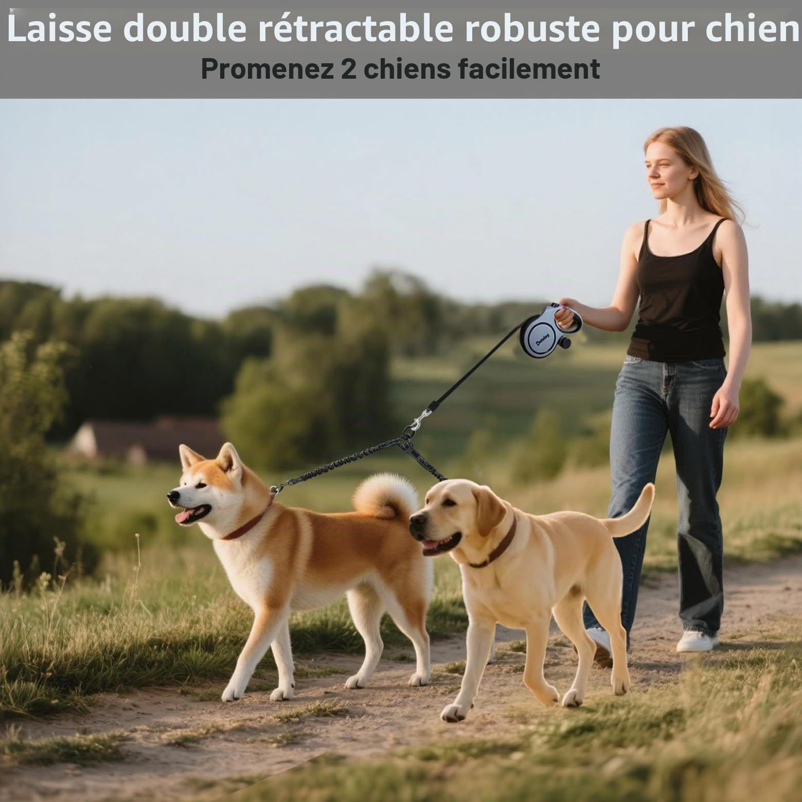 Laisse Rétractable pour Chien 8 m, Extensible, Taille Moyenne et Grande (Jusqu'à 50kg), Corde élastique Double, Gris