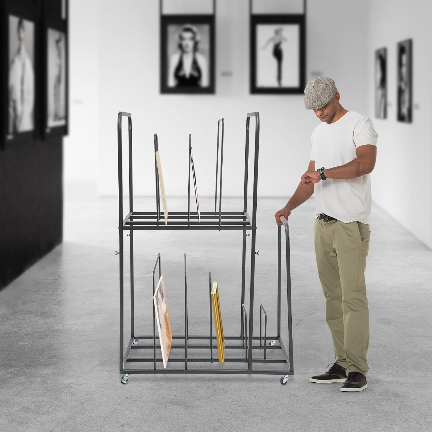 Large Art Storage Rack, 2-Tier Drying Painting Canvas Rack with Wheels, Art Storage Display Stands for Canvas, Drawing Board, Metal Crafts Print Rack for Art Shows
