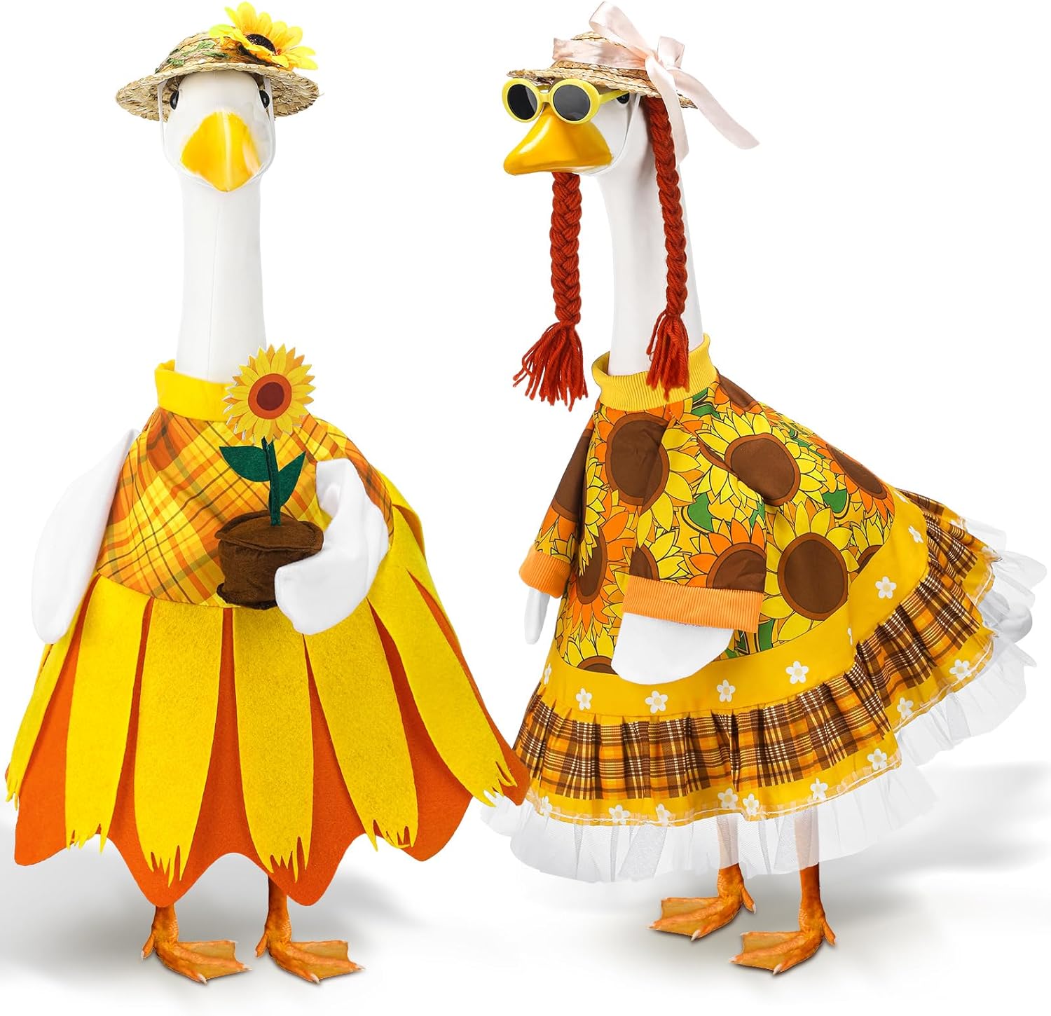 Abbylike 2 Sets Sunflower Porch Goose Outfits Spring Yard Goose Duck Clothes Costume with Straw Hat Fits Large 23'' Cement for Spring Garden Patio Lawn Summer Statue Pathway Art Decorations
