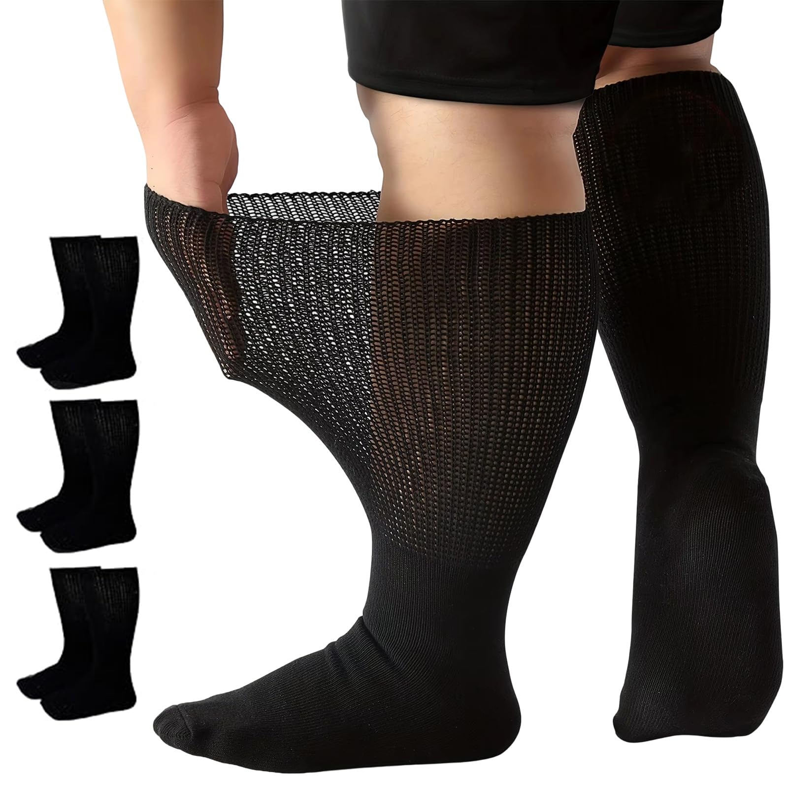 KASLCWA 3 pairs Bamboo Diabetic Socks for Men, Extra Wide Loose Top Socks for Swollen Feet and Ankles, Elastic Soft Top Breathable Seamless Sock