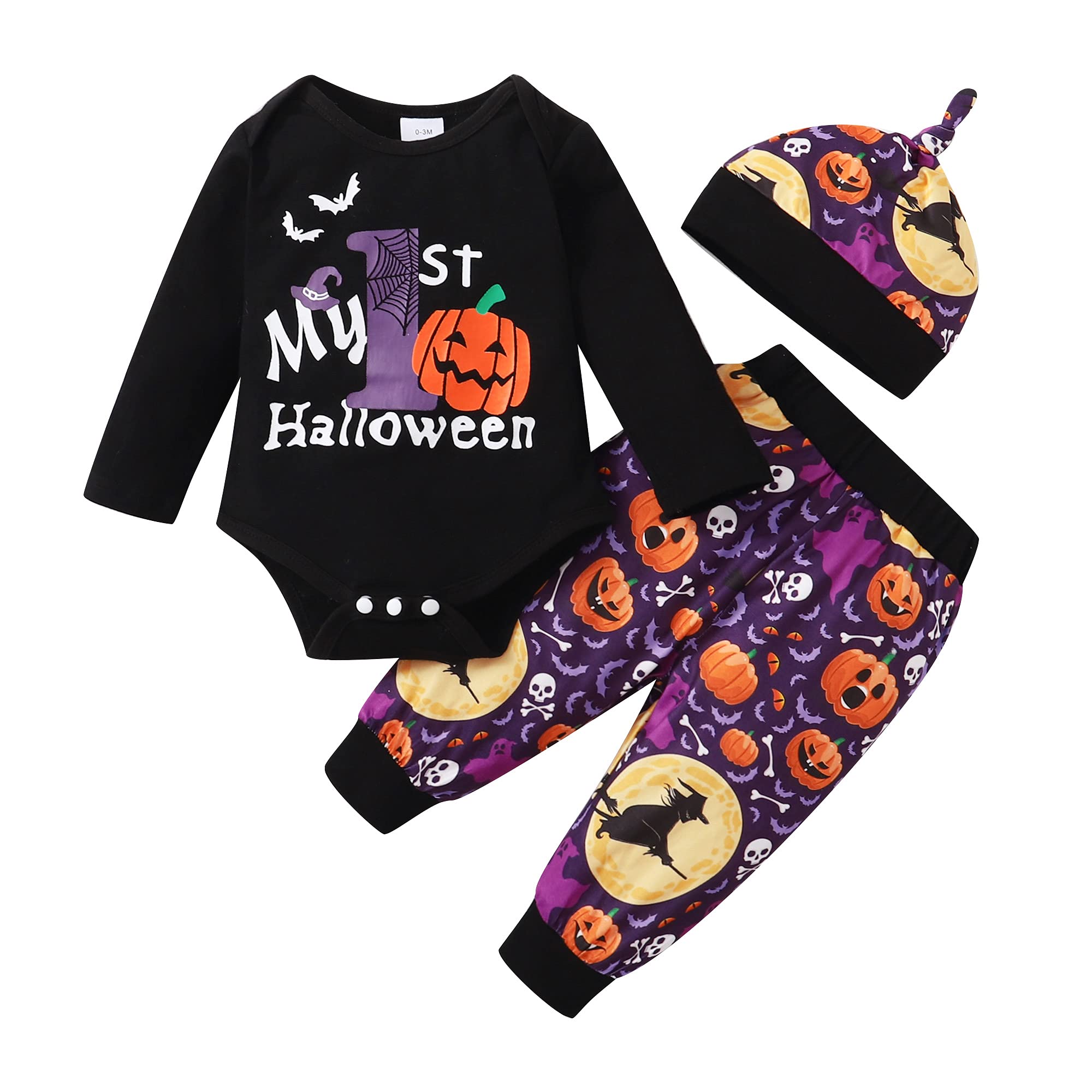Newborn Baby Boys Girls Clothes Baby Halloween Outfit Pumpkin Ghost Skeleton Romper Pants 3 PCS Outfits Set