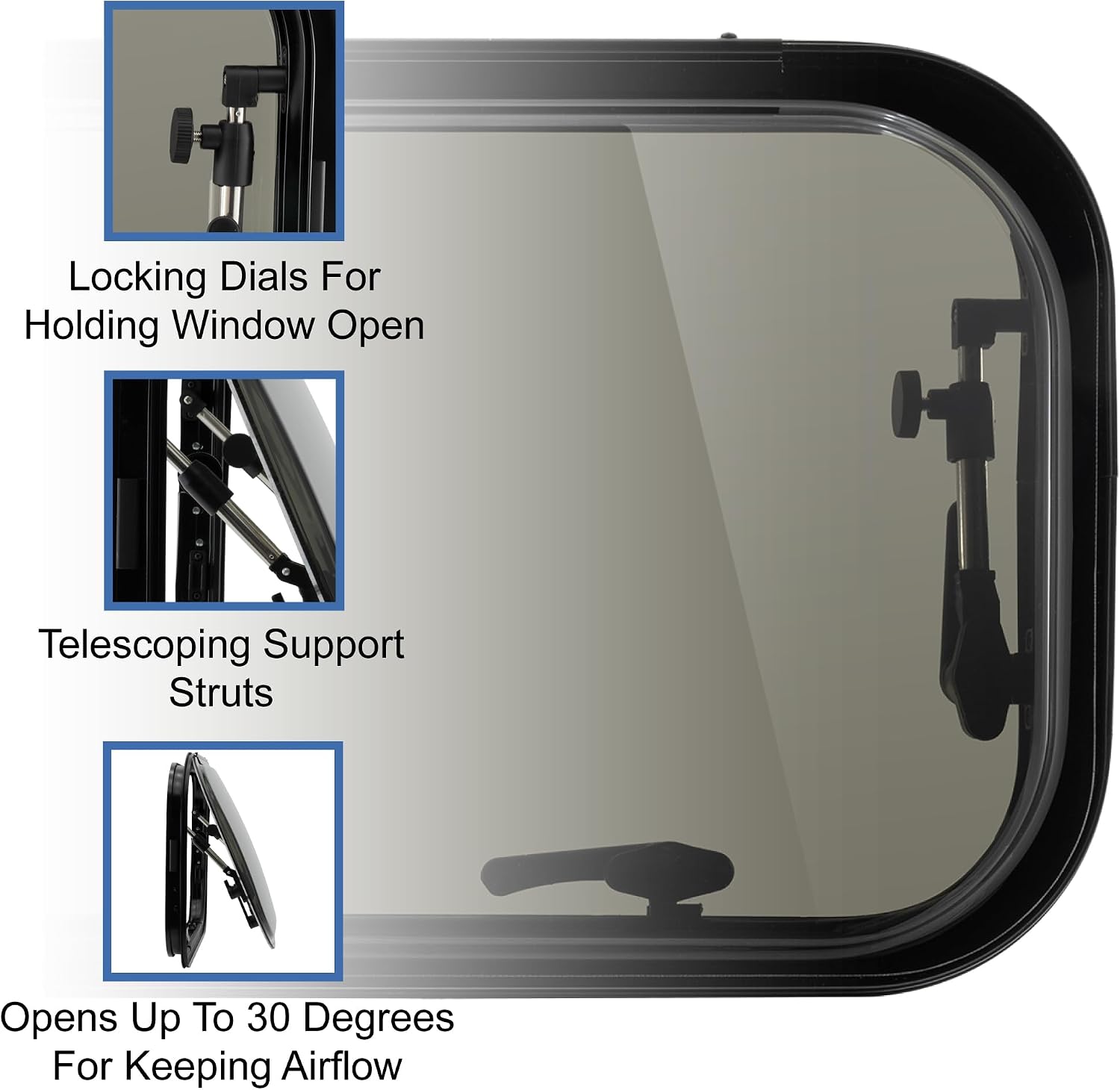 RecPro RV Overland Windows | Plastic Double Pane | 1.5" Trim Ring | Aluminum Frame | Inner Locking Handles (28" W x 14" H)