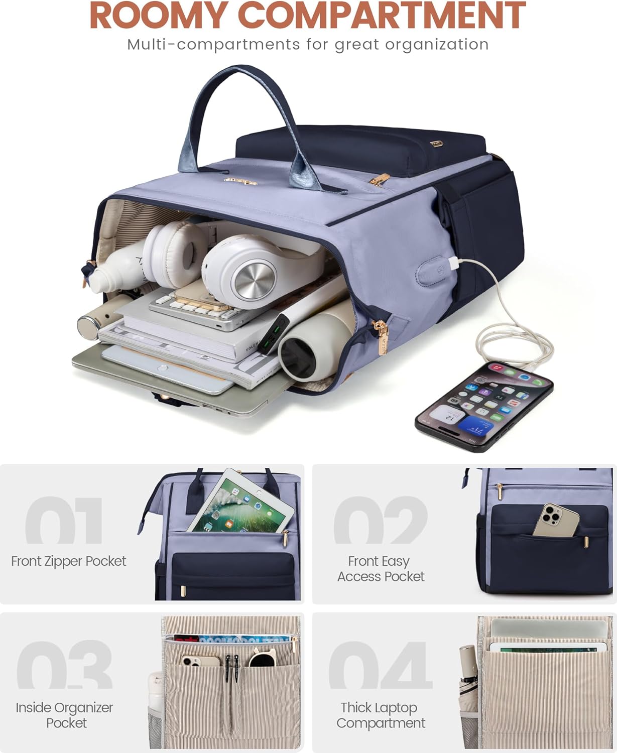 LOVEVOOK Laptop Backpack for Women 15.6 Inch, Travel Backpack with USB Charging Port Large Capacity Laptop Bag, Waterproof Bag for Business College Airline Approved Work Backpack(Grey Navy)