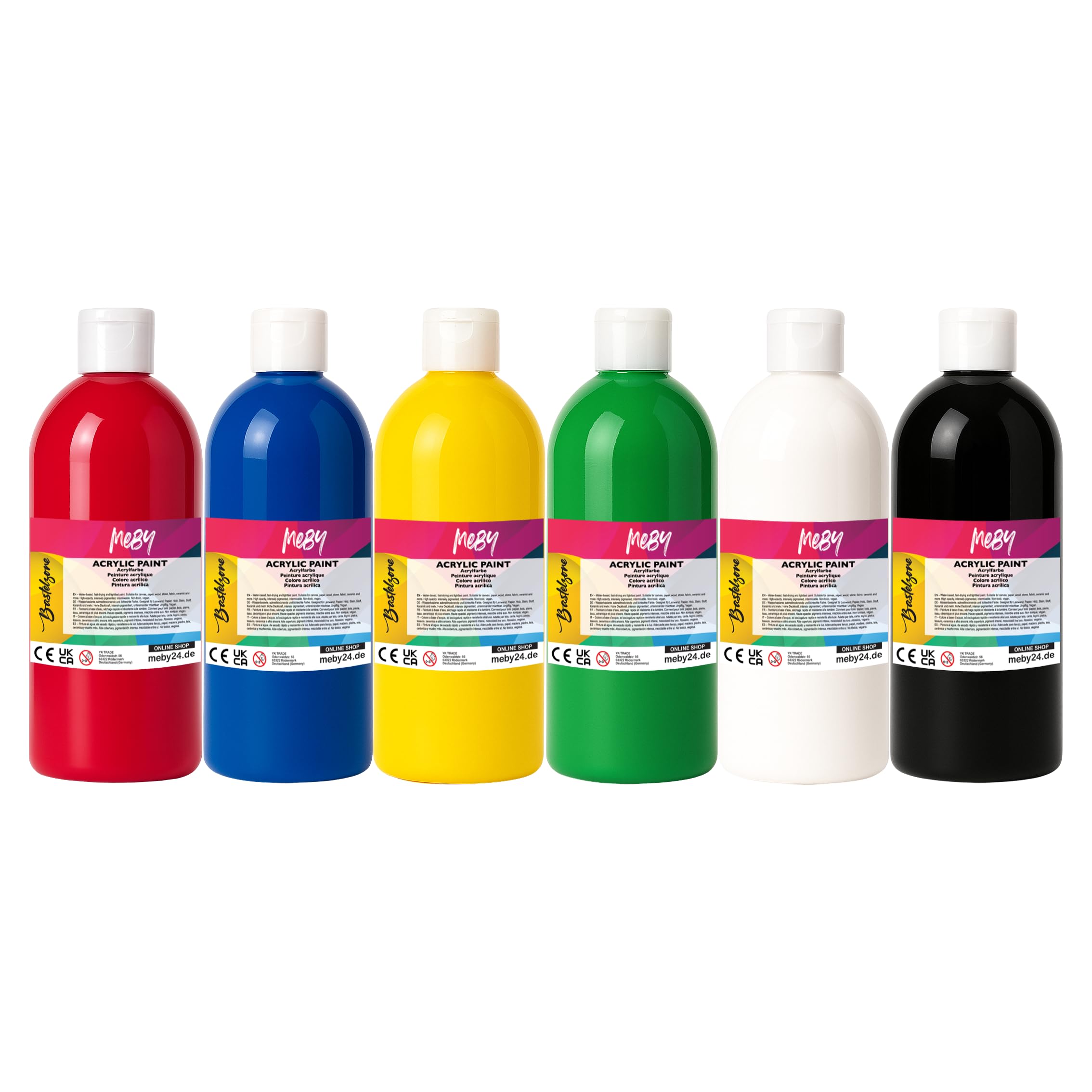 Zestaw farb akrylowych. 6 kolorów po 500 ml. Nieprzezroczyste farby do malowania na płótnie, pouringu, papierze, drewnie, kamieniu, tkaninie, skórze, metalu, ceramice. Uniwersalny zestaw farb (6 x 500