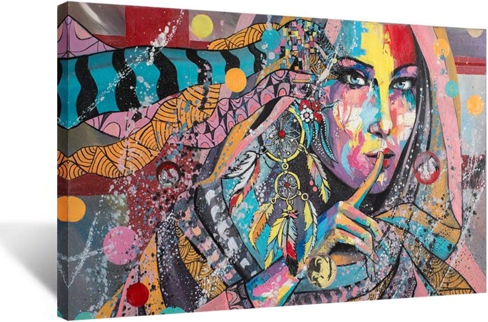 iHAPPYWALL Native American Indians Girl Feathered Canvas Wall Art Painting Home Decorations Stretched and Framed Ready to Hang 24x36inch