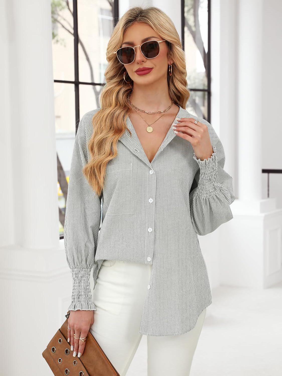 Womens Striped Round Neck Button Down Blouse Long Balloon Sleeve Crewneck Smocked Cuffs Shirt Gray - Image 2