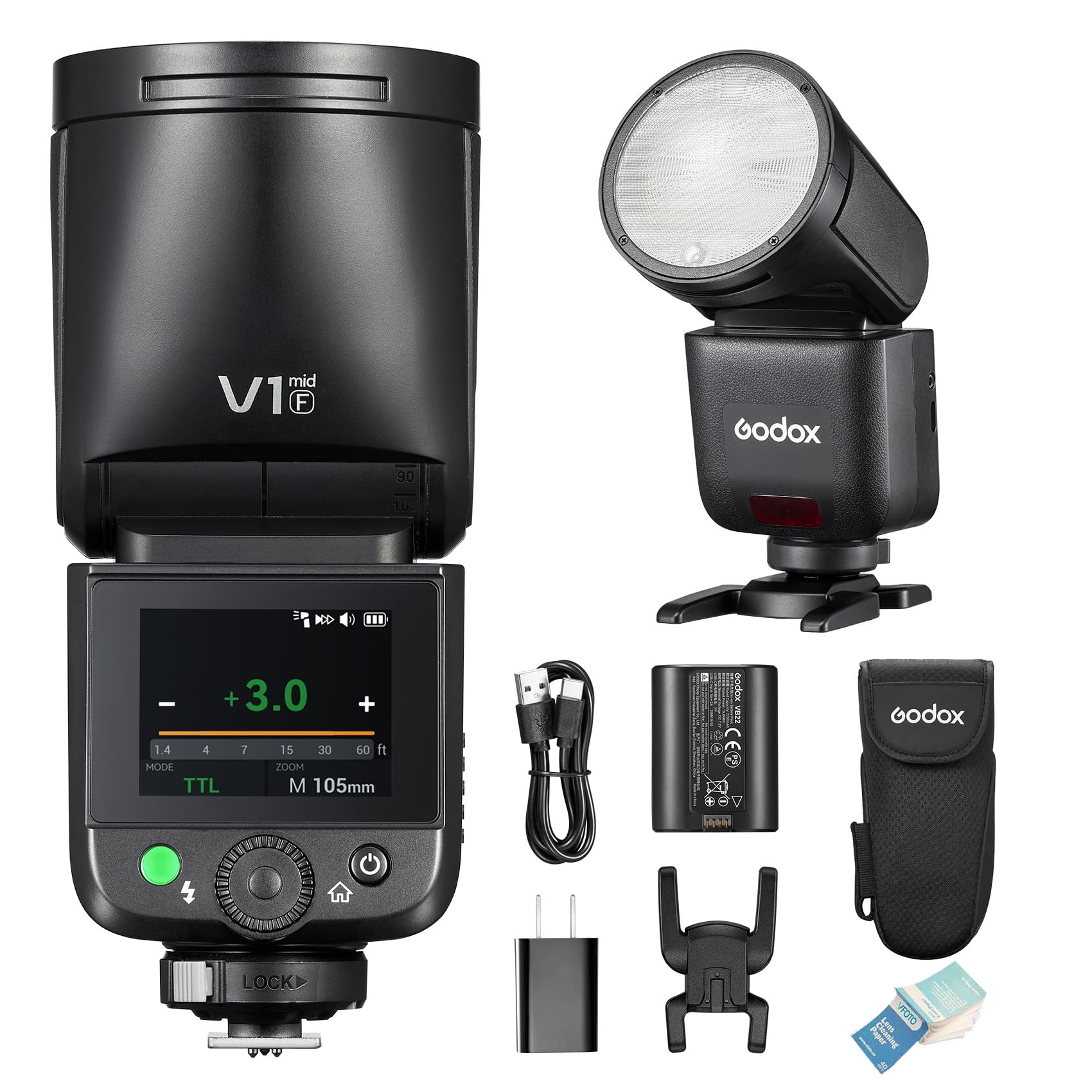 GODOX V1 Mid F V1Mid F Kameras Blitzgerät,55Ws TTL High-Speed Rundkopf Flash,2.4GHz TTL1/8000 HSS,24mm Optik,7,2V/2200mAh Lithium-Akku,Farb-Touchdisplay Reiseblitz Kompatibel für Fuji Kameras