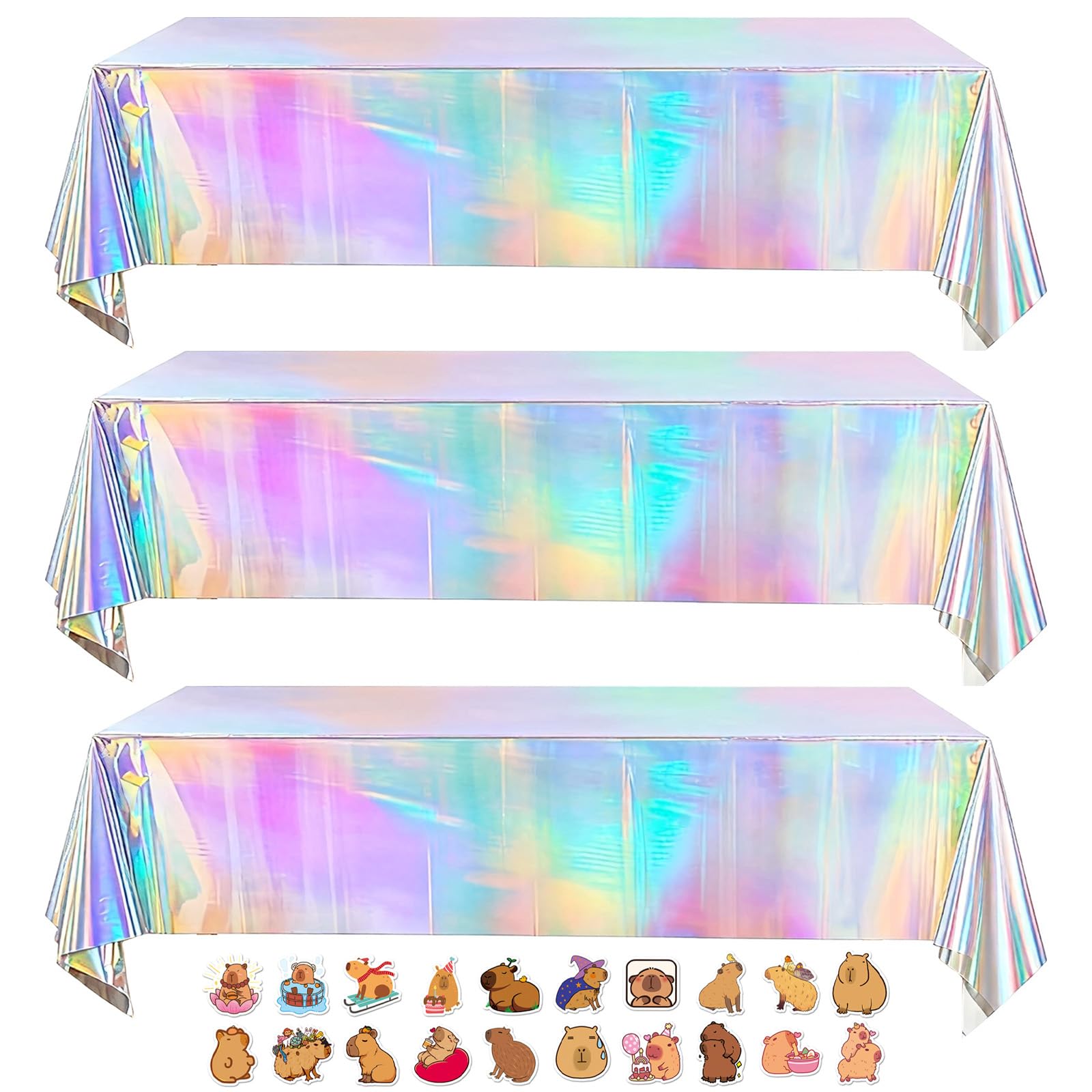 Zenytra Pink/Light Pack Of 3 Iridescent Disposable Tablecloths + 20 Capybara Stickers - Colourful Party Tablecloth 137 X 274 Cm Waterproof For Birthdays, Celebrations, Children's Party Decoration
