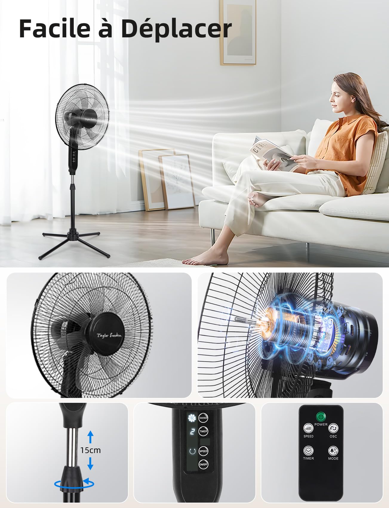 Taylor Swoden Ventilateur sur Pied avec Télécommande, Minuterie 9h, 50W Ventilateur Silencieux Puissant, 3 Modes/3 Vitesses, 7 Pales Oscillantes 70°, Hauteur Réglable 115-130cm