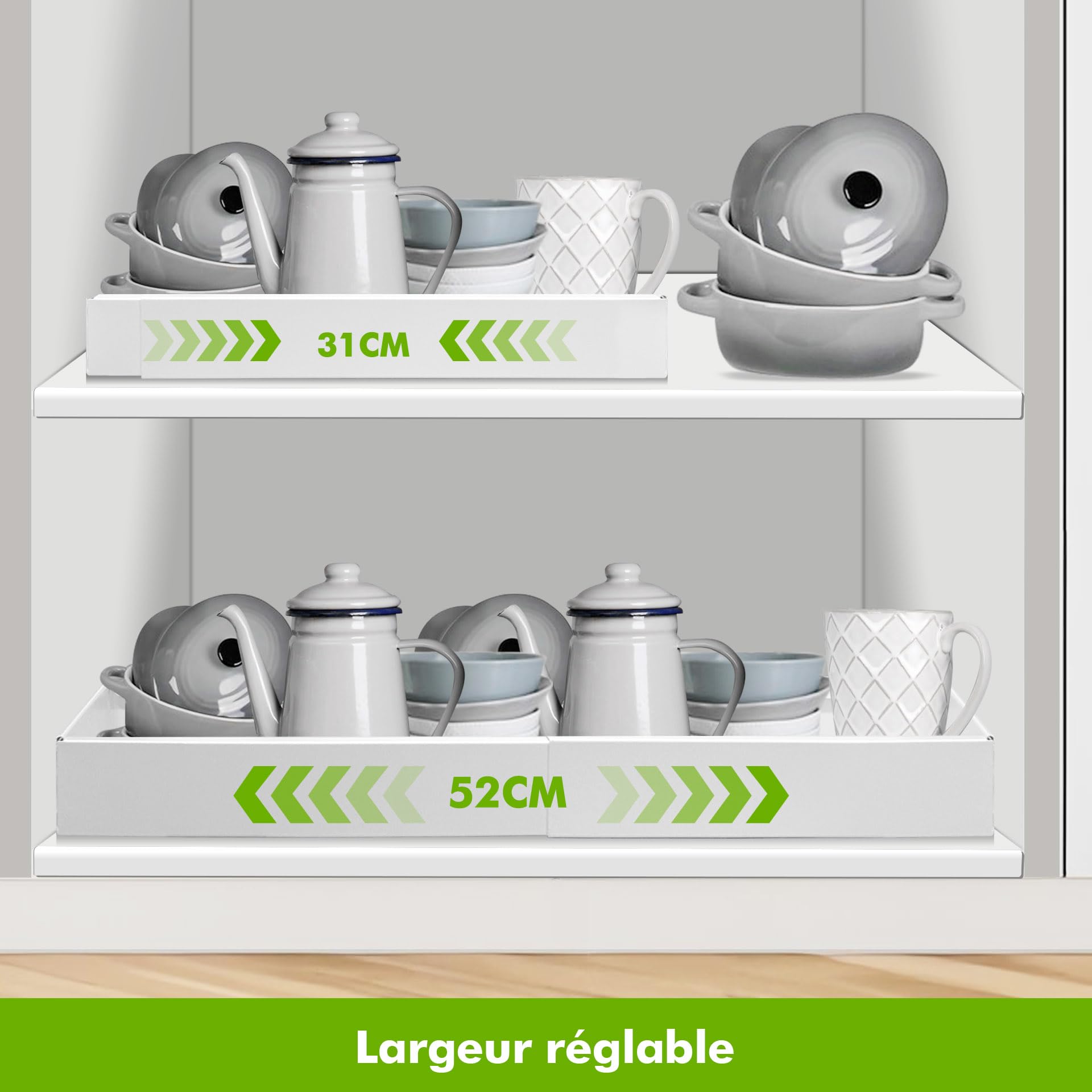 Mimoke Organisateur de placard extensible - Tiroir de cuisine télescopique avec colle - Organisateur de tiroirs de rangement pour cuisine/salle de bain (blanc, largeur 31 à 52 cm, profondeur 42 cm)
