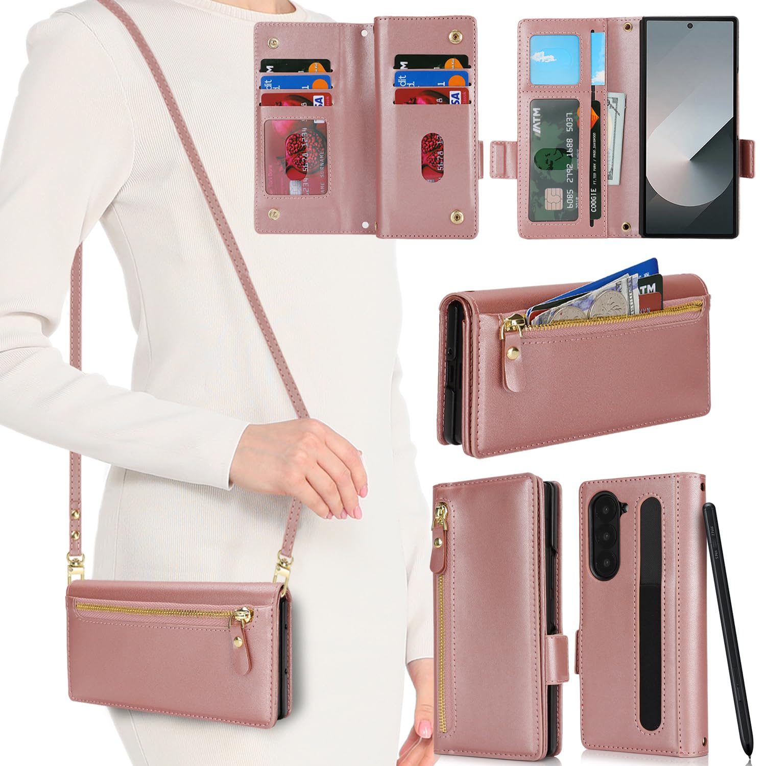 SunYoo for Samsung Galaxy Z Fold 6 Case with S Pen Holder,Z Fold 6 Wallet Case with Card Holder and Strap Crossbody Lanyard,PU Leather Shockproof