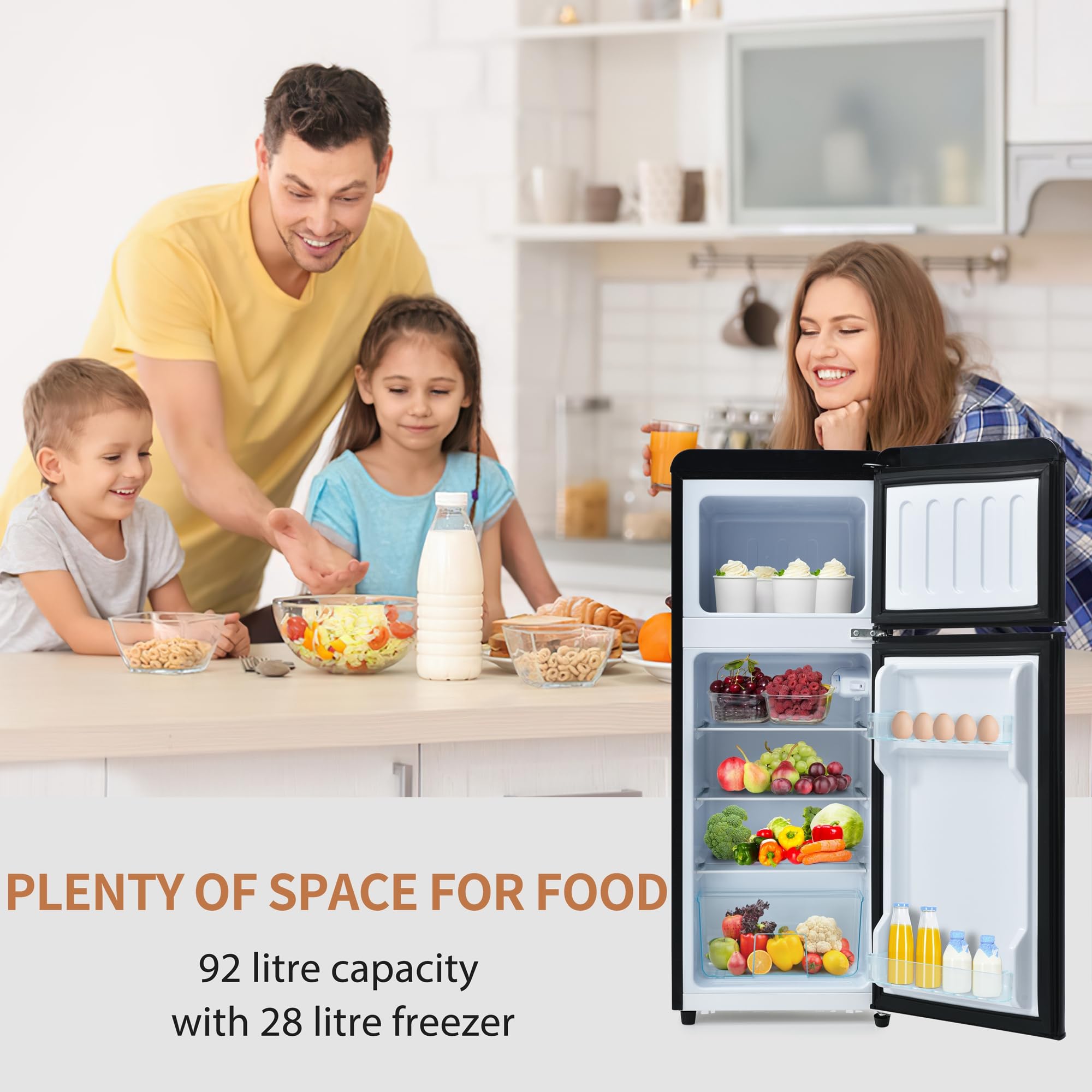 Frigorífico Mini 92L, Frigorifico Pequeño con Congelador (28L+64L), Frigorifico Combi con LED, 105,5x41x45,5 cm Frigorífico no Frost con 2 Estantes Ajustables, 116 kWh/año, -27°C∽13°C (Black)
