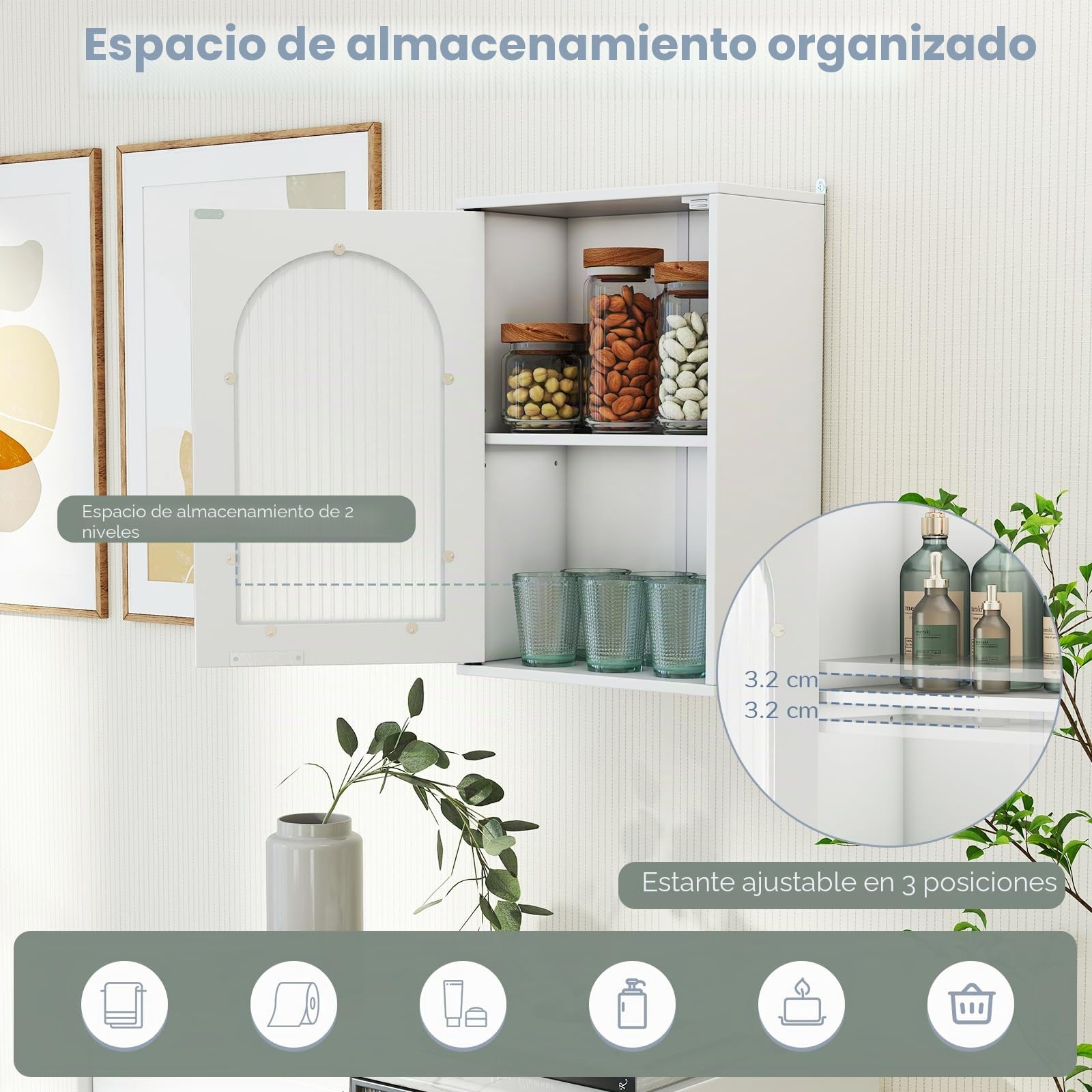 LIFEZEAL Mueble de baño de pared, mueble de cocina de pared, mueble colgante con puerta de cristal, estante ajustable, armario, armario, blanco, salvasapcio, moderno, de madera, 35 x 20 x 52,5 cm