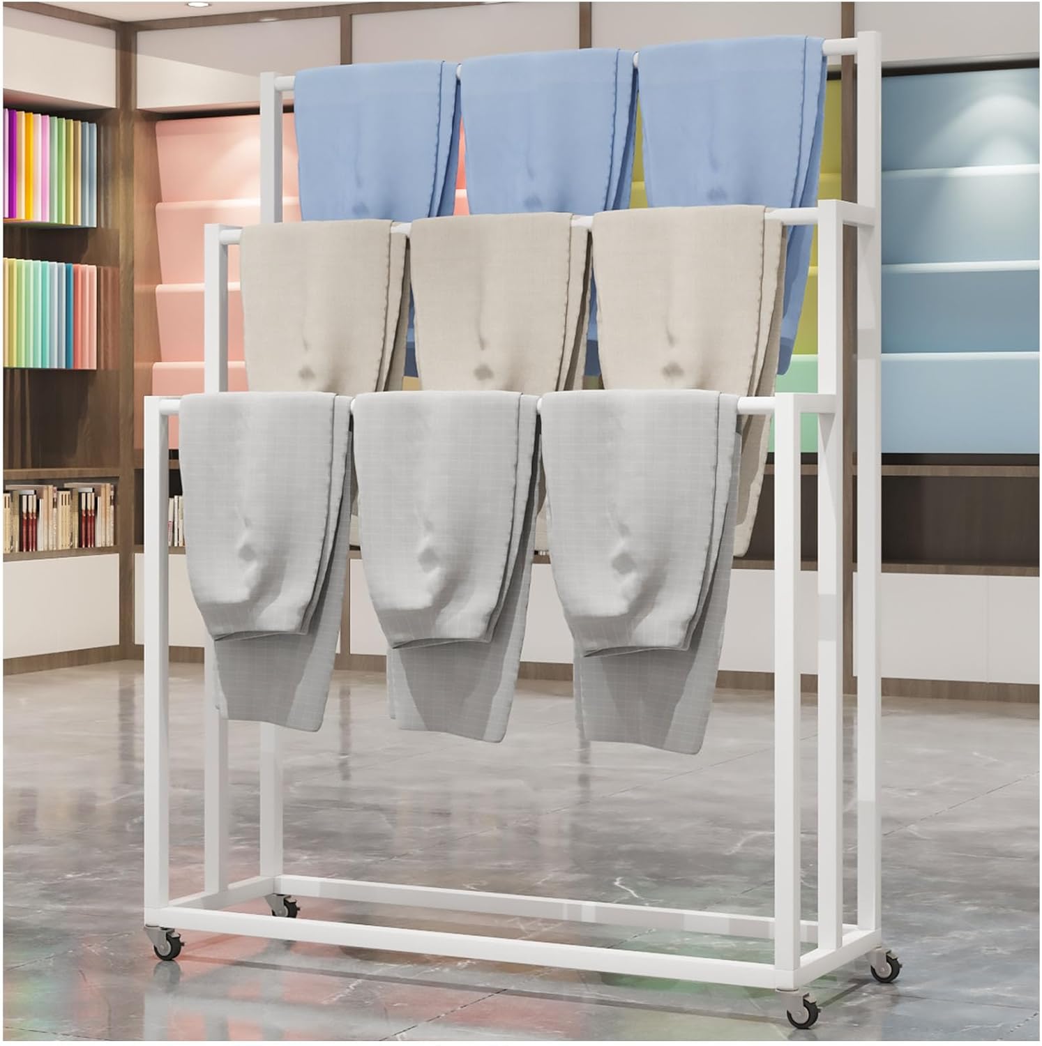 Freestanding Metal Scarf Display Rack With Wheels, Silk Shawl Fabric Pant Sheet Towel Organizer Rack, Closet Hanging Rod Accessory Storage Rack Tie Holder, For Clothing R(Gold-150X40X150Cm)