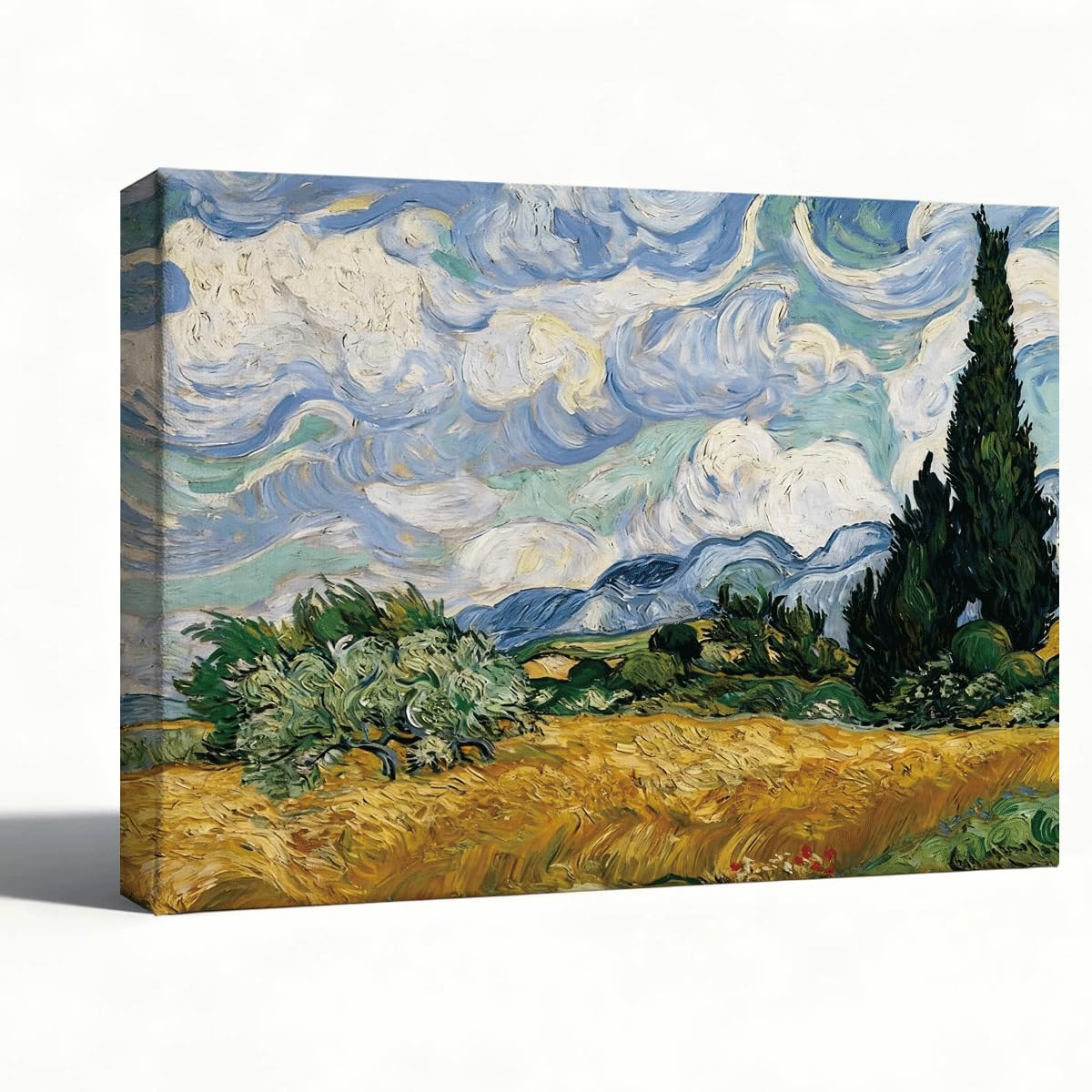 Landscape Canvas Wall Art, Van Gogh Style Wheat Field Impressionist Oil Painting Print, Blue Sky Cypress Farmhouse Wall Decor for Living Room Bedroom, 8x10 Inches
